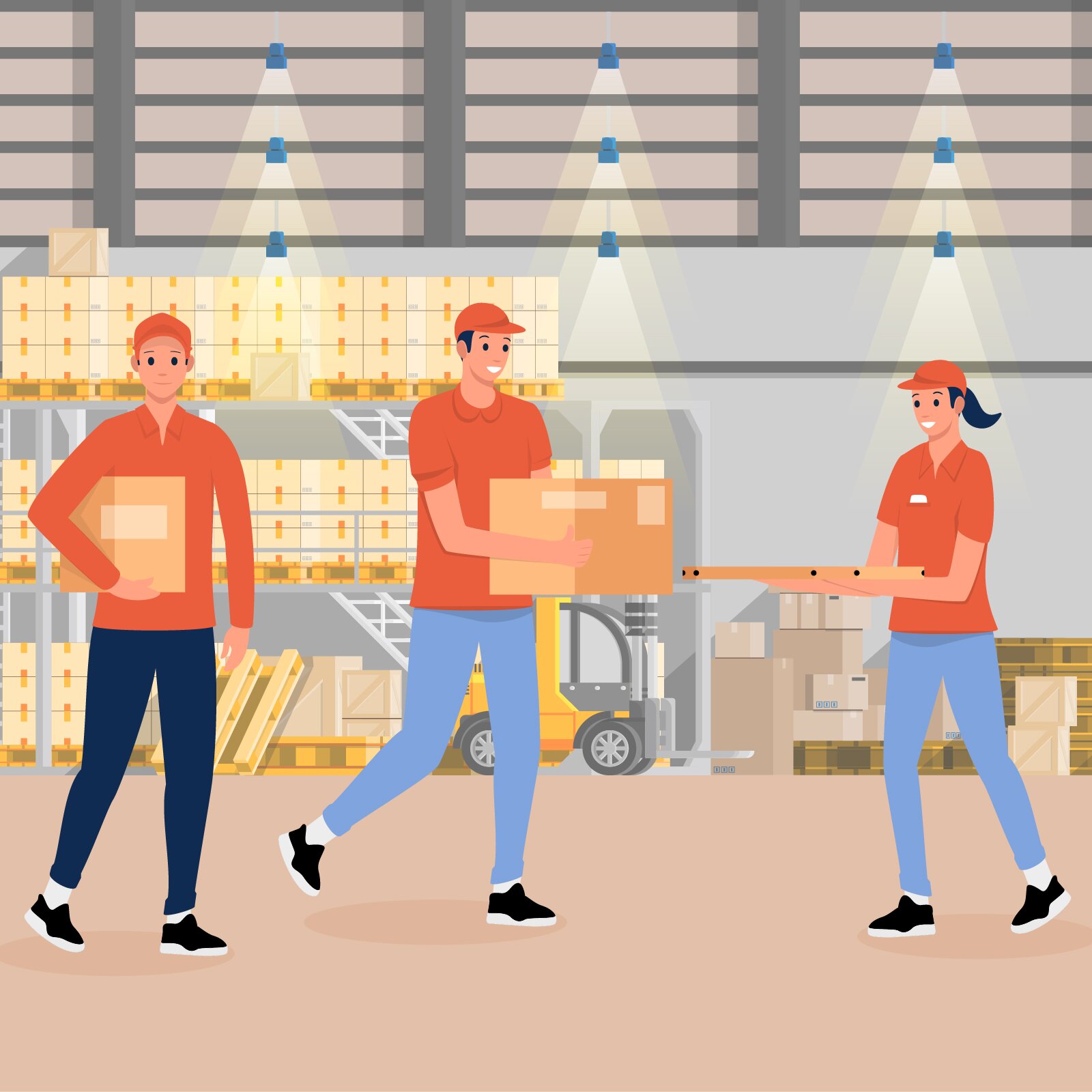 Ilustracja przedstawia dwie osoby pakujące paczki na wózek. 