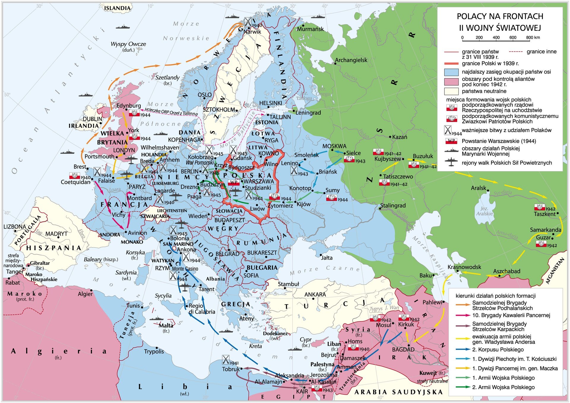 Mapa przedstawiająca udział Polaków w walkach na frontach II wojny światowej.