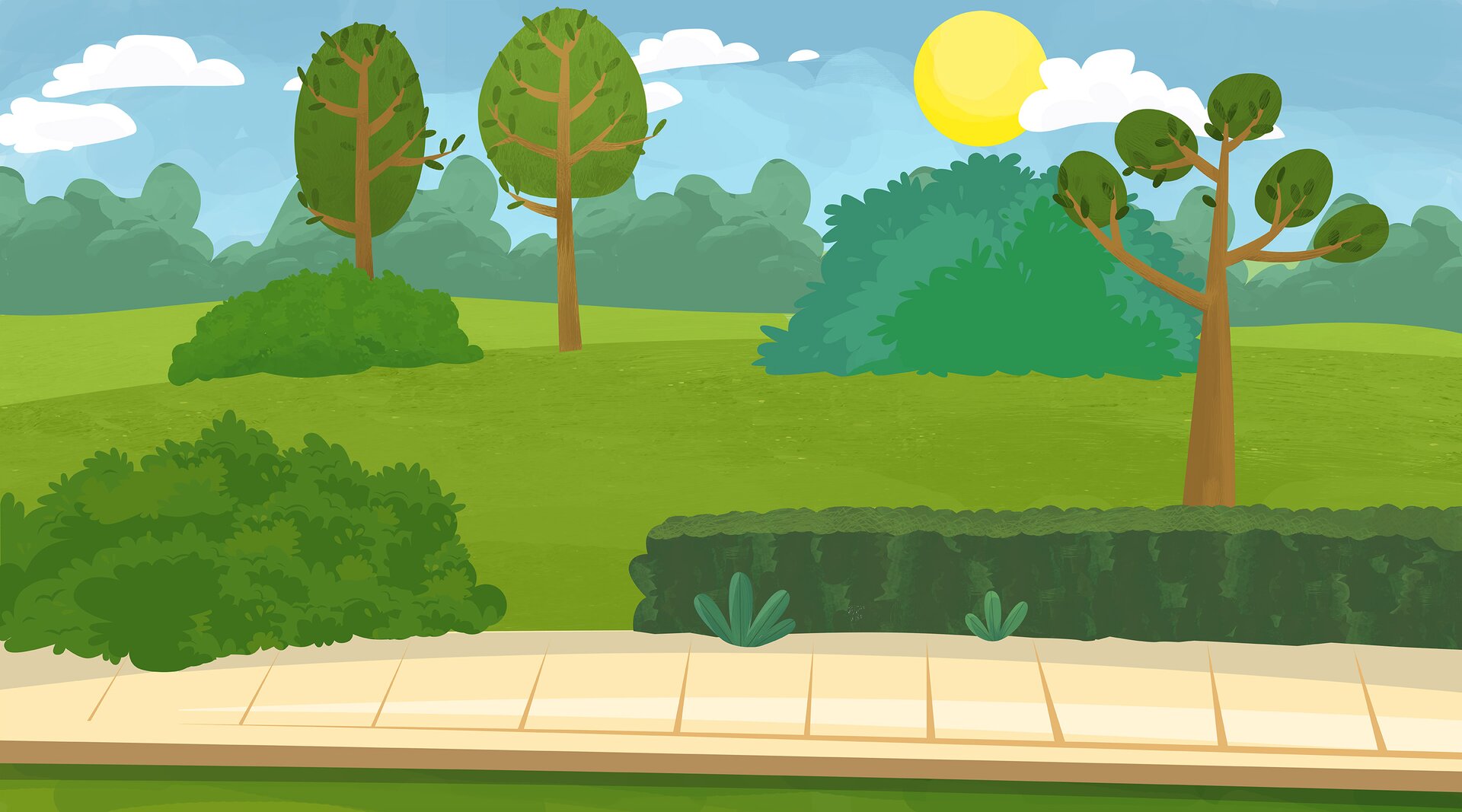 Ilustracja przedstawia park latem w piękny słoneczny dzień.