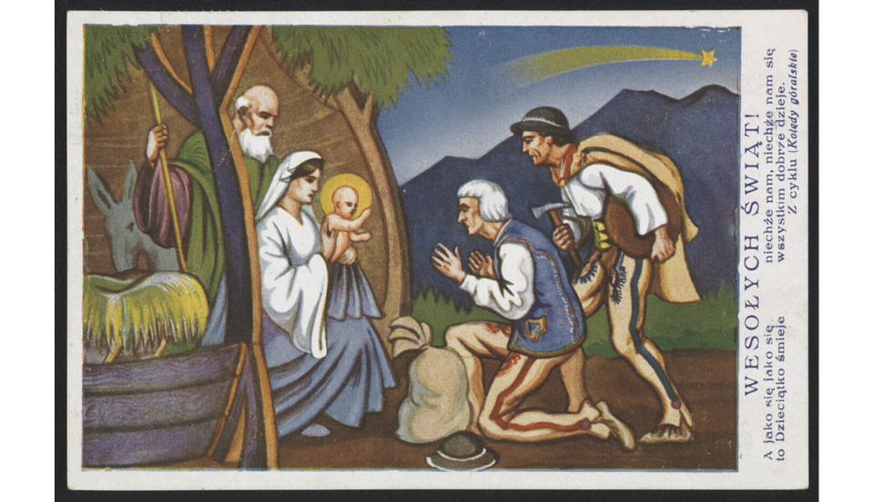 Pocztówka przedstawia Świętą Rodzinę w grocie. Maria trzyma na rękach nagiego Jezusa, za jej plecami stoi Józef i osiołek. Przed Marią i Jezusem znajduje się dwóch mężczyzn. Jeden z nich klęczy, drugi stoi pochylony. Na ciemnym niebie rozbłyskuje gwiazda betlejemska.