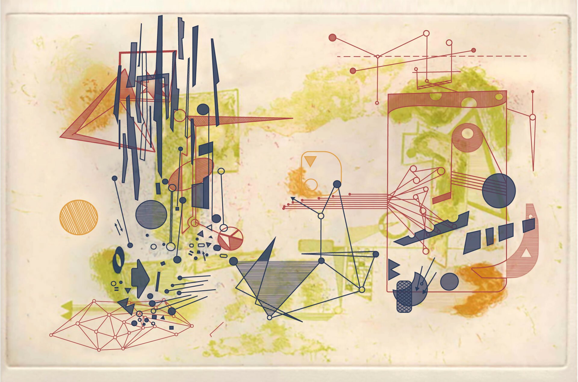 Ilustracja przedstawiająca partyturę graficzną, która przybrała formę abstrakcyjnego obrazu. Na szaro‑różowym tle rozmieszczone zostały kolorowe figury geometryczne takie jak romby, koła i figury wieloboczne. Figury zostały umieszczone w sposób chaotyczny. Pomiędzy skupiskami figur umieszczono zielone plamy. Na partyturze - obrazie dominują kolory: zielony, granatowy i czerwony. Obecna też jest barwa pomarańczowa oraz biała.