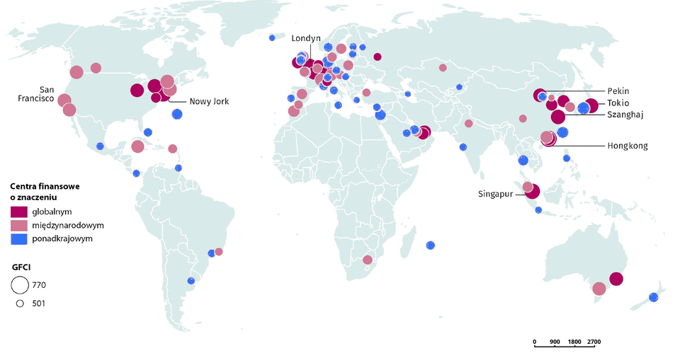 Mapa świata ukazująca największe centra finansowe na świecie. Podzielono je na trzy kategorie – o znaczeniu globalnym (wyróżnione kolorem ciemnobordowym), międzynarodowym (wyróżnione kolorem jasnobordowym) i ponadkrajowym (oznaczone kolorem niebieskim). Zaznaczono je na mapie kołami różnej wielkości, w zależności od ilości punktów w rankingu GFCI. Zaznaczano centra mające pięćset jeden lub więcej punktów, dodatkowo podpisami oznaczono osiem największych centrów finansowych, należą do nich: San Francisco, Nowy Jork, Londyn, Pekin, Tokio, Szanghaj, Hongkong oraz Singapur). Centra o zasięgu globalnym oznaczono w północno‑wschodniej części Stanów Zjednoczonych, Europie Zachodniej, Zjednoczonych Emiratach Arabskich, Japonii, wschodnich Chinach, Singapurze i Australii. Centra o zasięgu międzynarodowym można zlokalizować w większych miastach wschodniego i zachodniego wybrzeża USA, Ameryce Środkowej, Brazylii, RPA, licznych miastach na zachodzie Europy, Australii i Azji południowo‑wschodniej. Największe zagęszczenie centrów o zasięgu ponadkrajowym przypada na Europę, występują również między innymi w Meksyku, Argentynie, Izraelu, Arabii Saudyjskiej, Nowej Zelandii i Tajlandii.