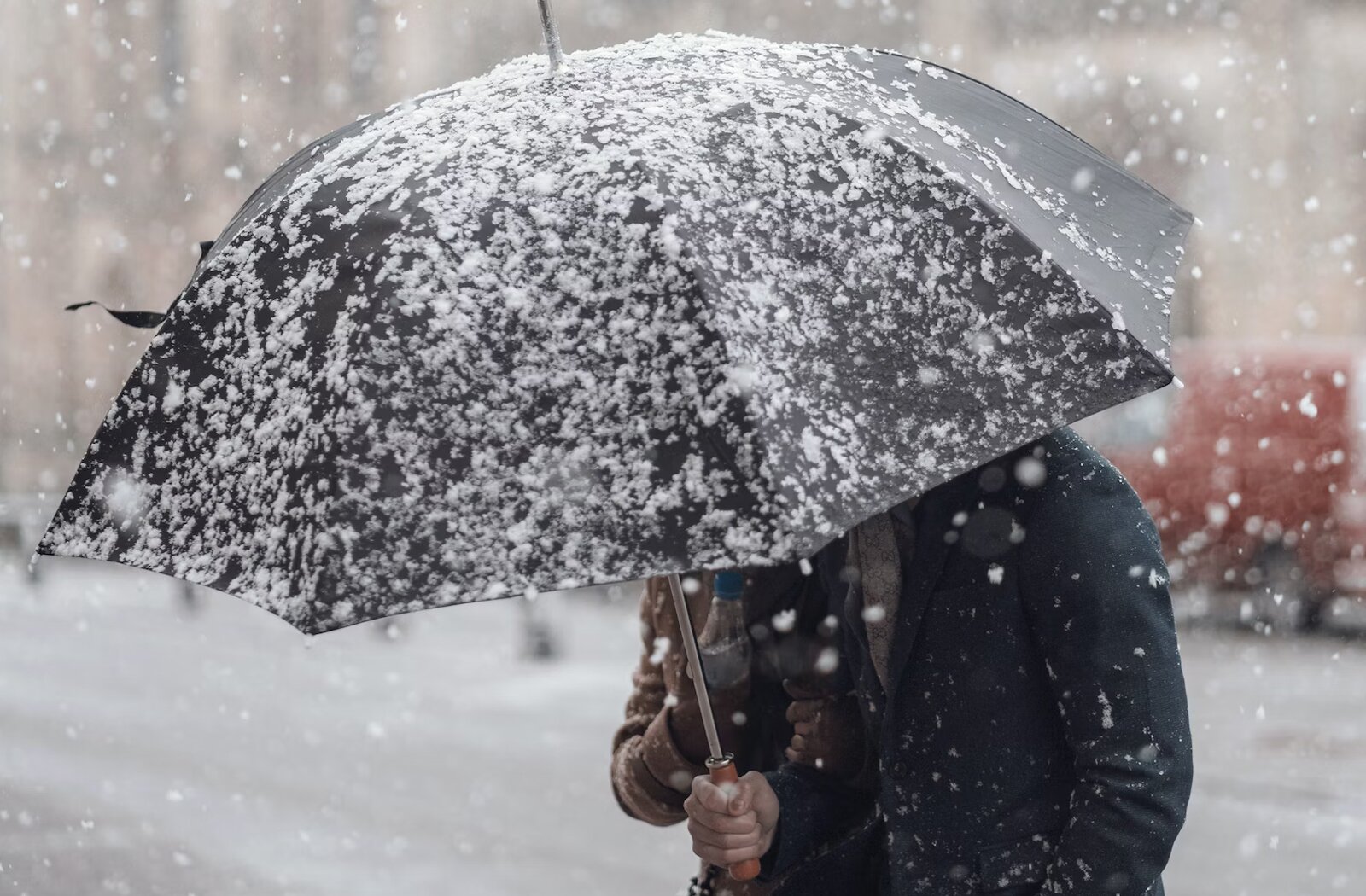 Zdjęcie przedstawia dwie postaci zasłonięte wielkim, czarnym parasolem, na którym widoczne są płatki śniegu. Dookoła widoczne są spadające płatki śniegu.