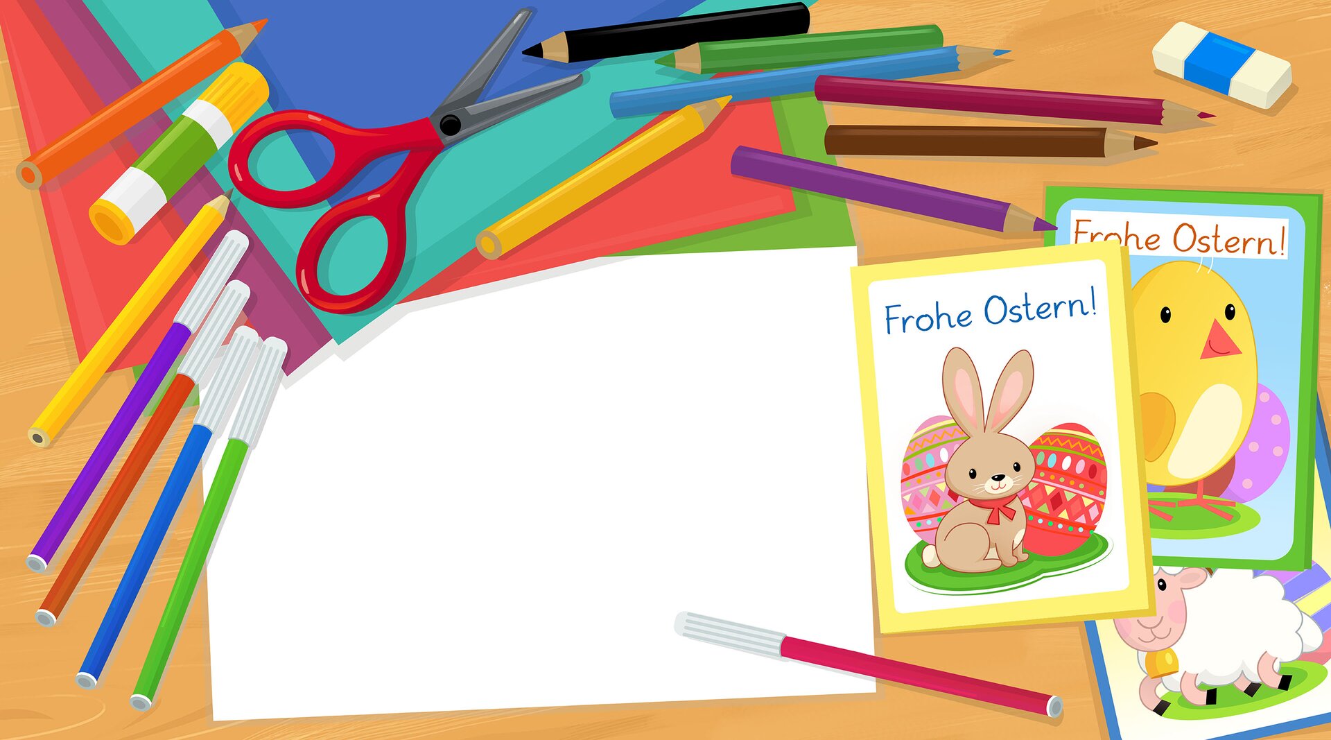 Ilustracja przedstawia stół, na którym rozsypane są przybory do rysowania: kredki, pisaki, nożyczki, klej, gumka do mazania, bloki rysunkowe. Obok leżą trzy gotowe kartki świąteczne.