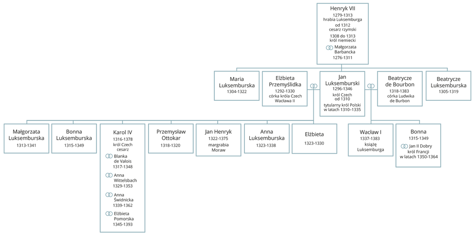 Ilustracja przedstawia drzewo genealogiczne jednej z europejskich dynastii przełomu XIII i XIV. Na górze drzewo rozpoczyna się od Henryka Siódmego, w latach 1279 – 1313 hrabiego Luksemburga, od 1312 roku cesarza rzymskiego, a od 1308 do 1313 roku króla niemieckiego. Ożenił się z żyjącą w latach 1276 – 1311 Małgorzatą Barbancką, z którą miał troje dzieci: Marię Luksemburską (1304‑1322), Jana Luksemburskiego (1296‑1346), od 1310 roku króla Czech, a w latach 1310 – 1335 tytularnego króla Polski oraz Beatrycze Luksemburską (1305 – 1319). Jan Luksemburski ożenił się z Elżbietą Przemyślidką, córką króla Czech Wacława Drugiego, która żyła w latach 1292 – 1330 i miał z nią siedmioro dzieci: Małgorzatę Luksemburską (1313‑1341), Bonnę Luksemburską (1315‑1349), Karola Czwartego (1316‑1378), króla Czech i cesarza, Przemysława Ottokar (1318‑1320), Jana Henryka (1322‑1375), margrabię Moraw, Annę Luksemburską (1323 - 1338) i Elżbietę (1323‑1330). Karol Czwarty, król Czech i cesarz żenił się czterokrotnie: z Blanką de Valois (1317‑1348), z Anną Wittelsbach (1329‑1353), z Anną Świdnicką (1339‑1362) i z Elżbietą Pomorską (1345‑1393). Kolejno Jan Luksemburski ożenił się z Beatrycze de Bourbon, córką Ludwika de Bourbon, która żyła w latach 1318 – 1383 i miał z nią dwoje dzieci: Wacława Pierwszego (1337‑1383), księcia Luksemburga i Bonnę (1315‑1349), która została wydana za mąż za Jana Drugiego Dobrego, króla Francji w latach 1350 – 1364. 