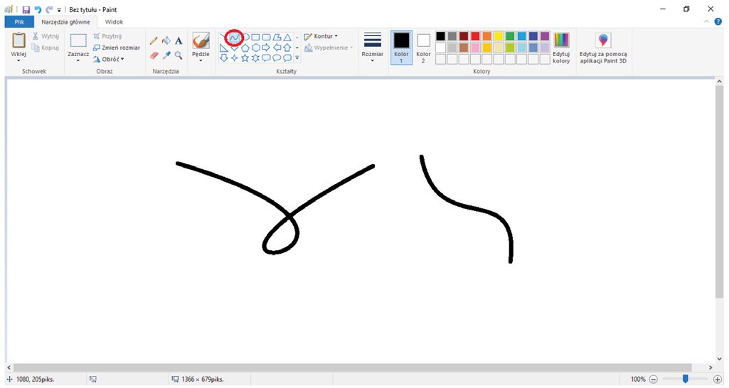 Zrzut ekranu z rozwiniętą zawartością edytora programu Paint (w tym: Obraz, Narzędzia, Kształty, Kolory). Ikonka Kształty (krzywa) zakreślona czerwonym kółkiem. W edytorze narysowane 2 krzywe kreski.