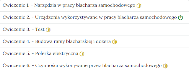 Przykładowy wygląd interaktywnych materiałów sprawdzających składających się z kilku zakładek do wyboru. Obok każdego tytułu jest znaczek poziomu trudności.