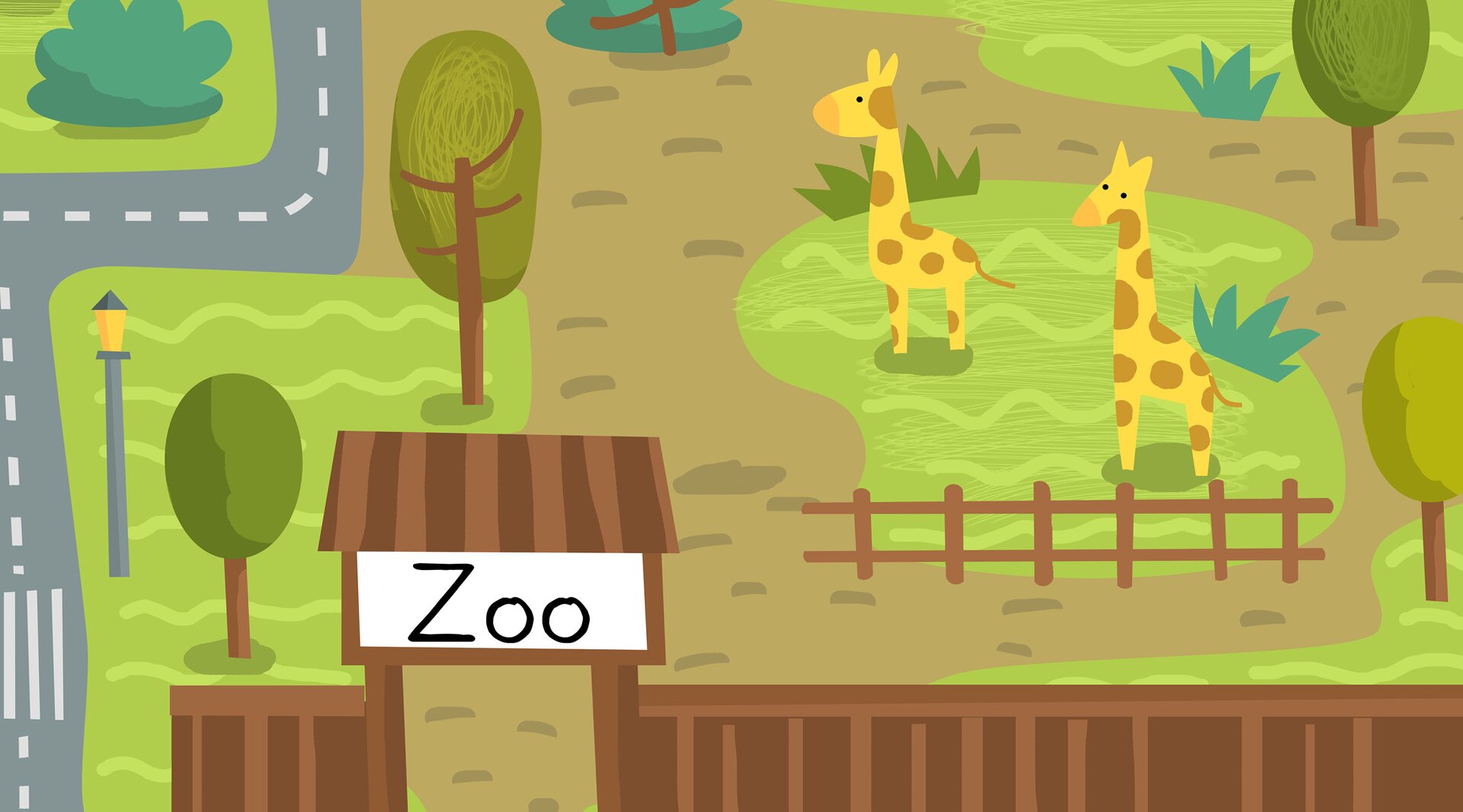 Ilustracja przedstawia ogród zoologiczny z wybiegiem dla żyraf.