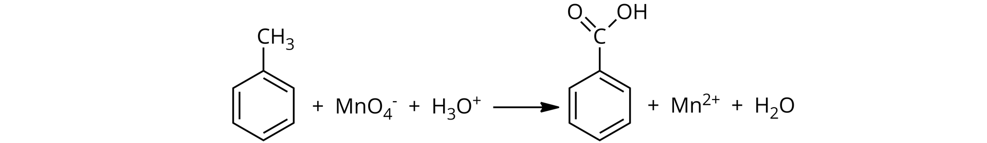 Na ilustracji znajduje się równanie reakcji utleniania toluenu do kwasu benzoesowego: jedna cząsteczka toluenu dodać anion nadmanganianowy dodać kation hydroniowy, strzałka w prawo, jedna cząsteczka kwasu benzoesowego dodać dwudodatni kation manganu dodać cząsteczka wody.