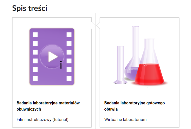 Grafika przedstawia fragment spisu treści. Spis składa się z dwóch ramek. W lewej ramce schematyczny rysunek kliszy filmowej. Poniżej tytuł: Badania laboratoryjne materiałów obuwniczych. Film instruktażowy. Tutorial. W ramce po prawej stronie rysunek naczyń laboratoryjnych. Poniżej tytuł: Badania laboratoryjne gotowego obuwia. Wirtualne laboratorium.  