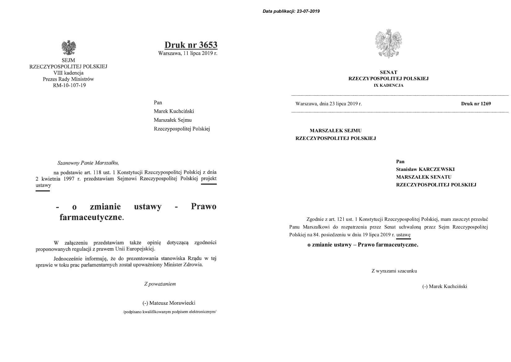 Ilustracja przedstawia tytułowe strony dokumentów procesu legislacyjnego. Na obu stronach w górnej części widać godło Polski pod nim nazwa instytucji, która jest podmiotem, dalej już konkretna treść czego pismo dotyczy.