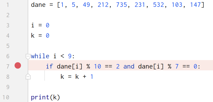 Zrzut ekranu przedstawia poprawnie ustawiony breakpoint w środowisku PyCharm. Znajduje się on w linii siódmej.  W linii szóstej znajduje się pętla while, a w siódmej funkcja warunkowa if.