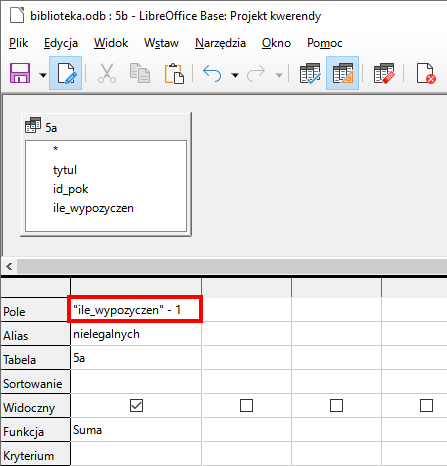 Zrzut ekranu z programu LibreOffice Base przedstawiający tabelę 5a z polami: tytul, id_pok, ile_wypozyczen. Poniżej tabela z właściwościami. Wiersze nazwano kolejno: Pole, Alias, Tabela, Sortowanie, Widoczny, Funkcja, Kryterium. W wiersze wpisano dane. Pole –   "ile_wypozyczen", Alias – nielegalnych, Tabela – 5a, Funkcja – Suma. 