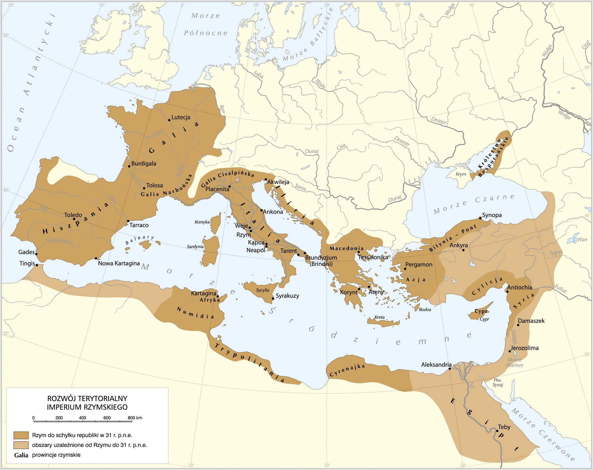 Mapa przedstawia rozwój terytorialny imperium rzymskiego i tereny Rzymu do schyłku republiki w 31 roku przed naszą erą. Należały do nich: Hiszpania, Galia, Galia Narbońska, Galia Cisalpińska, Italia, Sardynia, Sycylia, Iliria, Macedonia, Korynt, Azja Mniejsza, Bitynia – Pont, Cylicja, Cypr, Syria oraz Królestwo Bosporańskie. A także prowincja w północnej Afryce Numidia (obecna Tunezja) oraz Trypolitania i Cyrenajka (wybrzeże północnej Afryki). Ukazane są także obszary uzależnione od Rzymu do 31 roku przed naszą erą, czyli Orient (obecne Libia, Izrael, zachodnia Jordania, Turcja, Egipt).