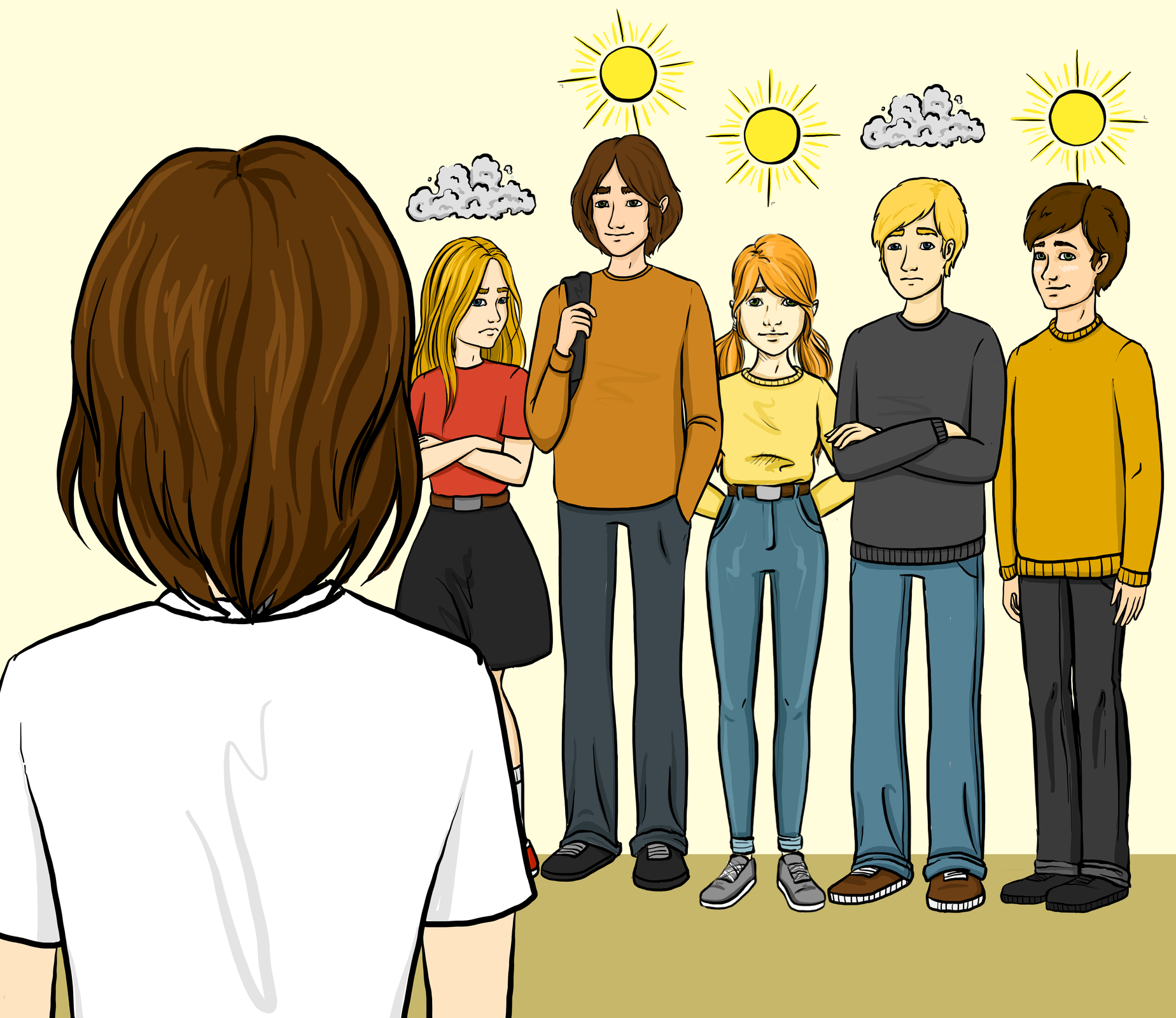 Ilustracja przedstawia  pięć osób ustawionych w szereg. Przed nimi znajduje się obserwująca je kobieta. Nad dziewczyna oaz chłopakiem, którzy mają niemiły wyraz twarzy oraz założone ręce znajdują się chmury. Nad osobami, które są wyprostowane i uśmiechnięte znajdują się słońca.