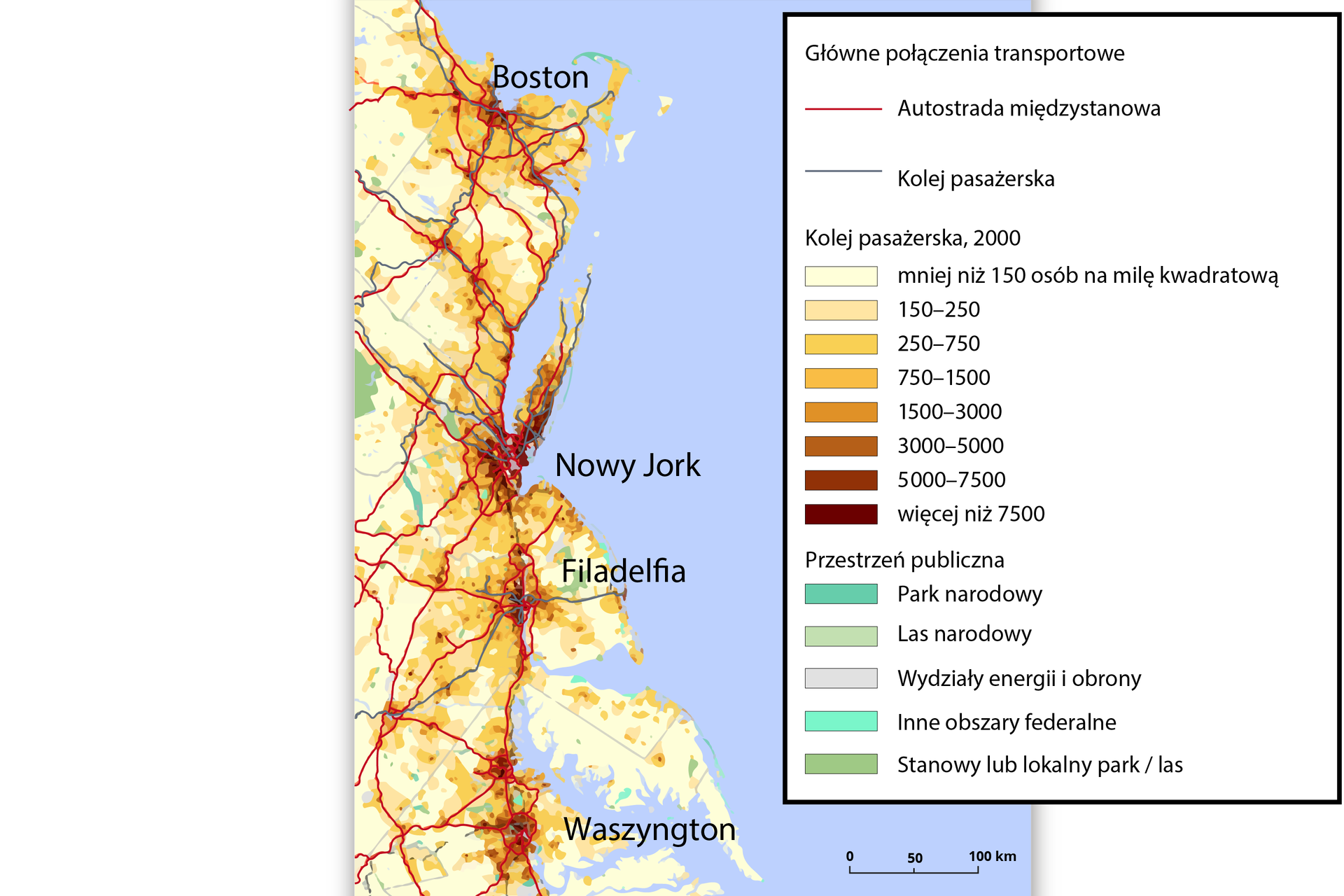 Na mapie przedstawiono BosNyWash - megalopolis północno-wschodniego wybrzeża USA. Mapa przedstawia wybrzeże oraz kontur brzegowy na którym umiejscowiony jest Boston, poniżej Nowy Jork, Filadelfia oraz Waszyngton. Mapa ma kolor brązowo-żółty, gdzieniegdzie znajdują się zielone plamy oraz czerwone i szare linie oznaczającą autostrady międzystanowe oraz linie kolei pasażerskiej. Kolory od żółtego do brązowego oznaczają gęstość zaludnienia – najjaśniejszy, kolor żółty symbolizuje mniej niż 150 osób na milę kwadratową, a ciemnobrązowy 7500 osób na milę kwadratową. Kolor zielony na mapie oznacza park narodowy, jasnozielony las narodowy, szary wydział energii i obrony, turkusowy inne obszary federalne a ciemnozielony stanowy lub lokalny park albo las. 
