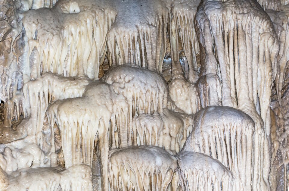 Na zdjęciu znajdują się nacieki skalne o biało‑kremowym zabarwieniu. Mają kształty kopułowe, z bardzo wieloma długimi strukturami podobnymi do sopli.  