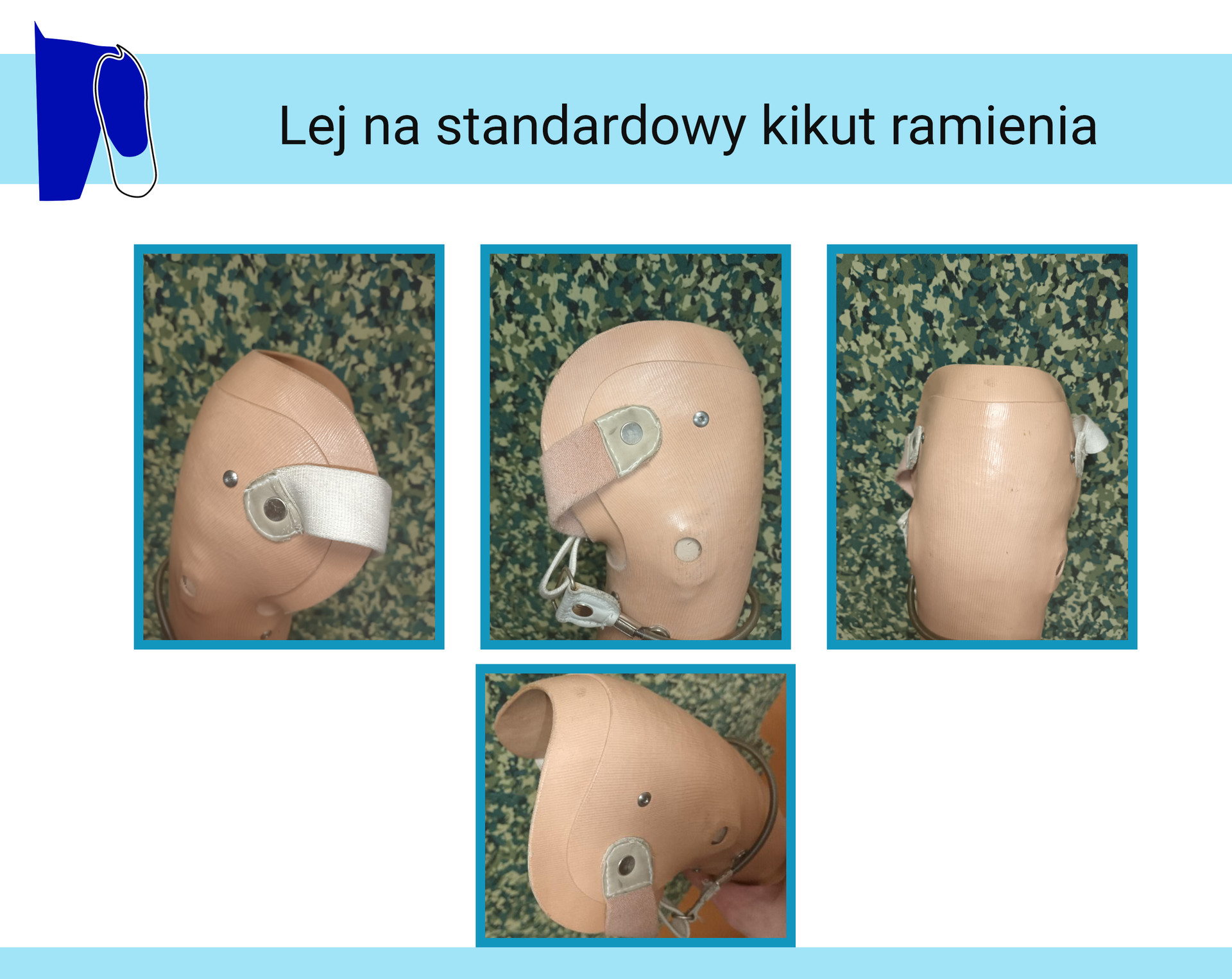 Zdjęcia leja na standardowy kikut ramienia w widoku z góry, przodu i dwóch boków. Na leju wykonanym z tworzywa sztucznego znajdują się: skórzany pasek oraz płaskie metalowe elementy. 

