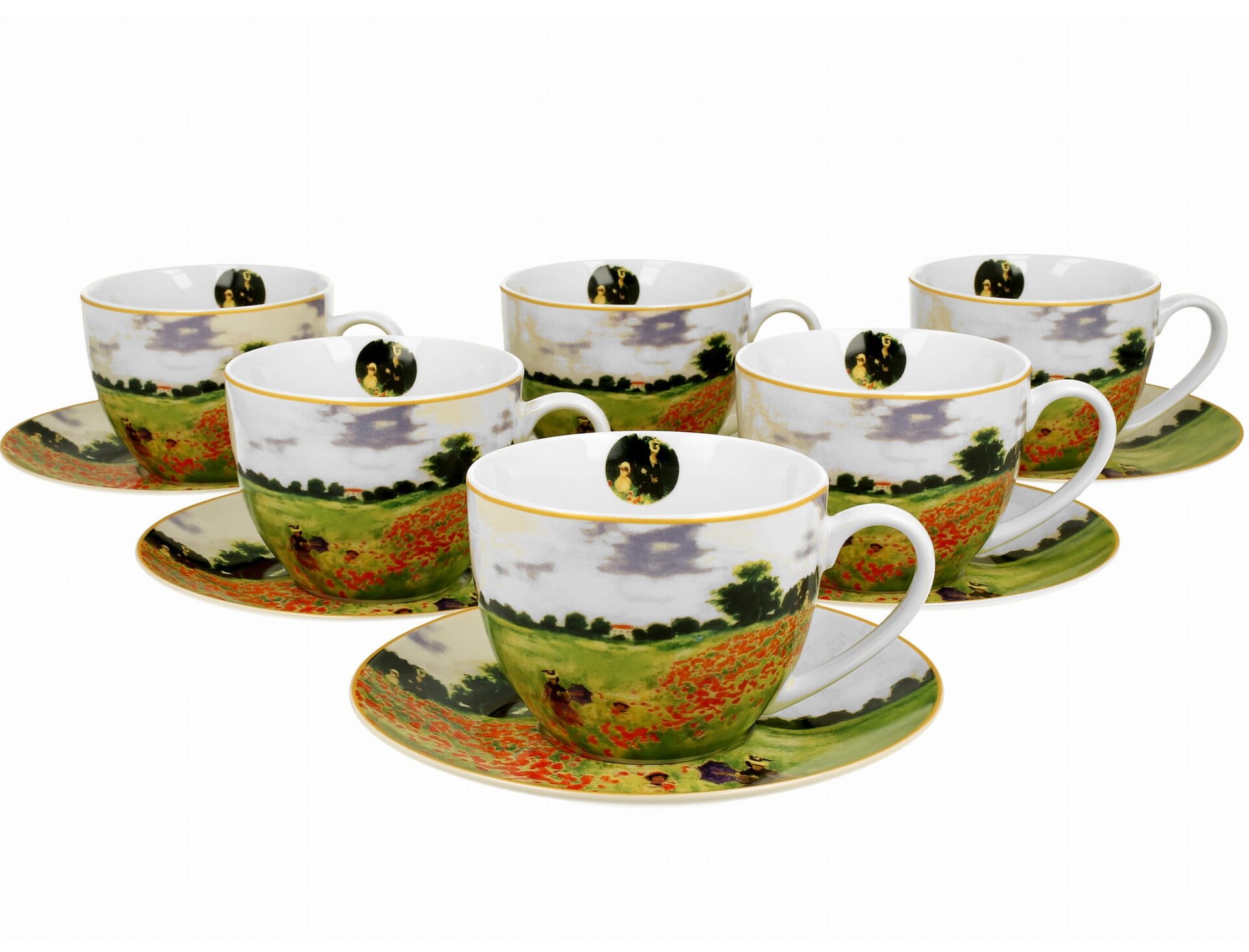 Zdjęcie przedstawia filiżanki wraz ze spodkami, które zdobi obraz “„Maki w Argentuil””. Obraz ukazuje łąkę oraz wzgórze, które porośnięte jest czerwonymi makami. Przy wzgórzu rosną drzewa. Na łące przechadzają się ludzie w strojach o stonowanych barwach. Niebo znajdujące się na obrazie jest zachmurzone.