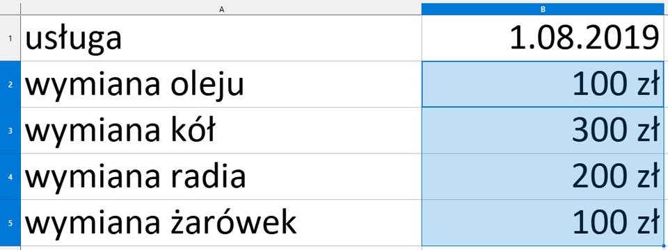 Ilustracja przedstawia tabelę. W komórce A1 napis: usługa. W komórce A2 wymiana oleju, w komórce A3 wymiana kół, w komórce A4 wymiana radia, w komórce A5 wymiana żarówek. W komórce B1 1.08.2019. W komórce B2 100 zł, w komórce B3 300 zł, w komórce B4 200 zł, w komórce B5 100 zł. Na niebiesko podświetlone są wszystkie kwoty usług. 