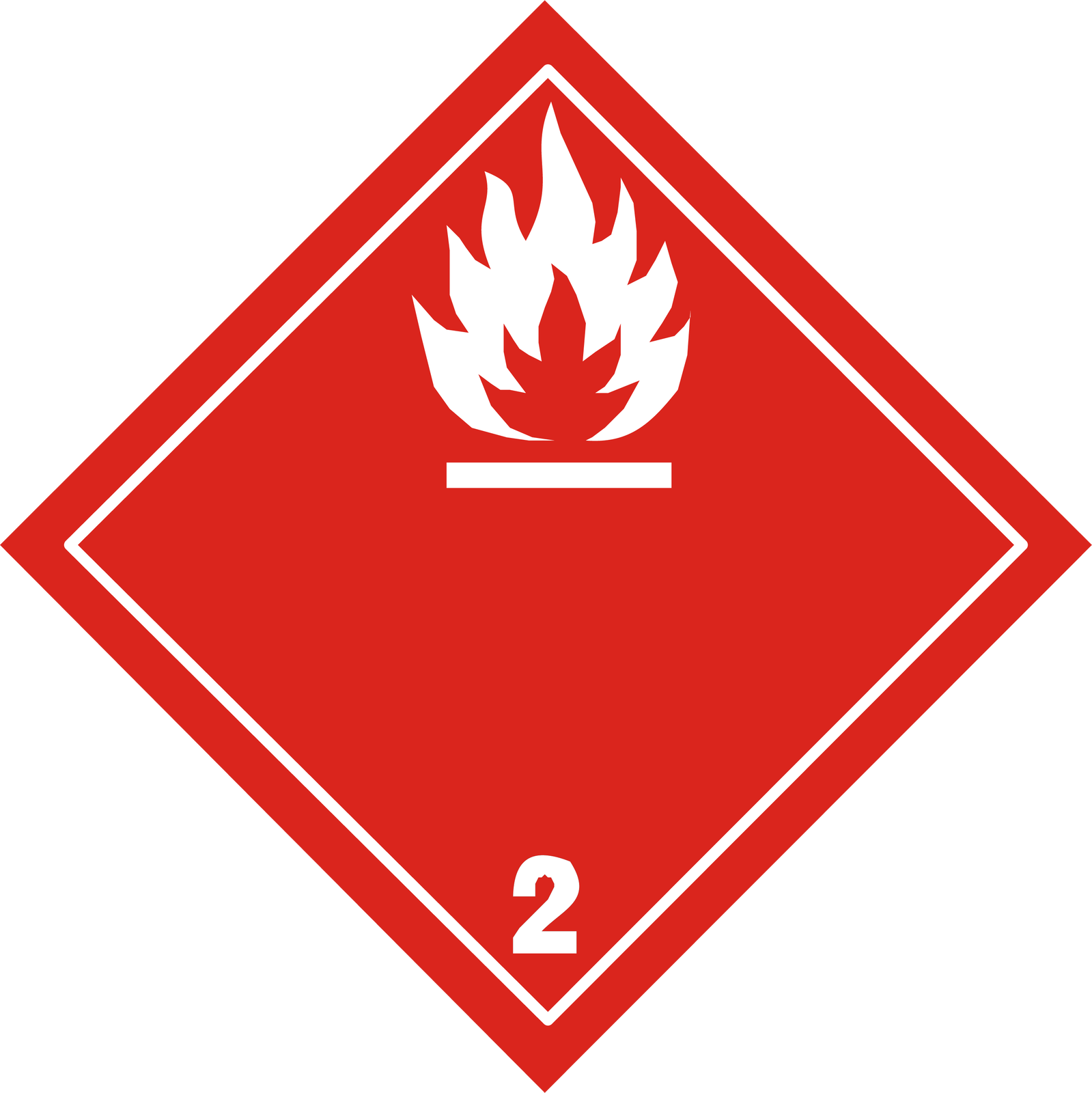 Ilustracja przedstawia oznaczenie Gazy palne. Ma ono kształt rombu w kolorze czerwonym. Wzdłuż krawędzi znajduje się biały pasek obramowania, a wewnątrz jest symbol płomienia nad poziomym paskiem. Poniżej symbolu jest cyfra dwa.