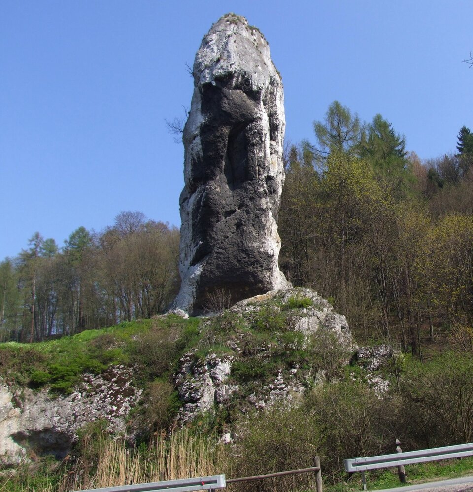 Na zdjęciu znajduje się formacja skalna w kształcie stojącej, wbitej w ziemię maczugi, Ma kolor szaro‑czarny. Stoi na kawałku skały. Z tyłu widoczne są drzewa liściaste w szacie jesiennej.