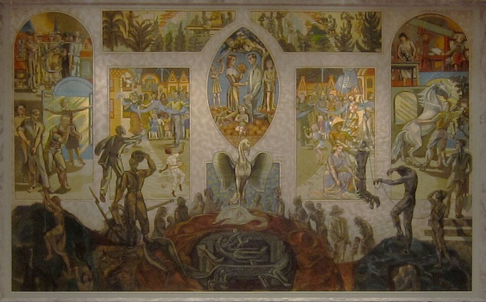 Zdjęcie przedstawia dzieło. Dolna część, środek. W tej części dzieła widzimy smoka trzymającego w pysku miecz, który próbuje wyciągnąć sobie z ciała. Nad smokiem znajdują się most i pochyłe wzgórze. Po obu stronach wzgórza wspinają się ludzie: mężczyźni, kobiety i dzieci. Zdążają w kierunku białego Feniksa z rozłożonymi skrzydłami. Mityczna postać symbolizuje tutaj ONZ, której powołaniem jest zbawić ludzkość. Postaci zaś ukazują wysiłki człowieka zmierzające do wyjścia z mrocznej przeszłości wojen i niewolnictwa w kierunku lepszego życia.   Dolna część, prawa strona. Scena ukazuje trzech skrępowanych mężczyzn, których obejmują postacie ludzkie na panelu powyżej, symbolizuje wyzwolenie się ludzi ze stanu niewolnictwa.  Dolna część, lewa strona. Kobieca postać wspina się po linie, przesuwając się w kierunku jaśniejszego panelu powyżej. Scena odzwierciedla walkę człowieka ze śmiercią oraz trudnościami życia.  Prawy prostokątny panel. Scena przedstawia radosny tłum, pośród którego stoi mężczyzna machający flagą ONZ, co ma podkreślać rolę Organizacji w tworzeniu pokojowego ładu na świecie po II wojnie światowej.  Lewy prostokątny panel. Scena ukazuje radosnych ludzi z różnych grup etnicznych i tło wypełnione architekturą miejską. Wstęga niebieskiego jedwabiu, którą trzymają postaci na pierwszym planie, ilustruje zaangażowanie Organizacji Narodów Zjednoczonych na rzecz przyszłego pokoju i wolności jednostki.  Owalny panel w centrum. Scena ukazuje klęczące postaci: mężczyznę, kobietę i dziecko. Kobieta ma w dłoni bukiet kwiatów i podtrzymuje łokieć mężczyzny. Nad parą rozpościera się korona drzewa, na którym widać postać wręczającą dziecku pomarańczowy owoc, symbol dobroczynności. Po prawej stronie drzewa stoi młody chłopak, który obserwuje tę sielską rodzinną scenę. Panel, w zamyśle artysty, odzwierciedla główny cel Rady Bezpieczeństwa: utrzymanie świata w stanie pokoju.  Skrajnie lewy panel. Artysta wyeksponował tutaj postać otwierającą okno i wpuszczającą światło słoneczne do pomieszczenia. Obok przedstawiony jest mężczyzna wyciągający kobietę z mrocznego świata poniżej. Cyfry w górnej części tego panelu symbolizują wymianę handlową, a także odejście od rywalizacji w stronę harmonii i dzielenia się zasobami.  Skrajnie prawy panel. Na tym panelu Krohg ukazał mężczyznę stojącego obok wspiętego konia. Scenę obserwuje postać z kilofem. Ponad koniem zaś widać siedzącą kobietę z mikroskopem oraz mężczyznę spoglądającego przez teleskop. Panel ilustruje wzrost znaczenia w świecie wiedzy, nauki i zdrowia.   Pole górne lewe. W tej części dzieła dominują zielone drzewa przypominające palmy i cyprysy. Po lewej stronie przedstawiono dwie postacie wznoszące budowlę, która przypomina ratusz w Oslo, po prawej zaś postać malującą z natury słońce. Scena ukazuje symbolicznie rozwój przemysłu.    Pole górne prawe. Panel zdominowany jest przez obrazy roślinności. Widać tam też parę tańczących błaznów, postać grającą na pianinie oraz dwóch mężczyzn w tle grających na instrumentach muzycznych. Scena symbolizuje rozwój sztuk pięknych, muzyki i teatru.