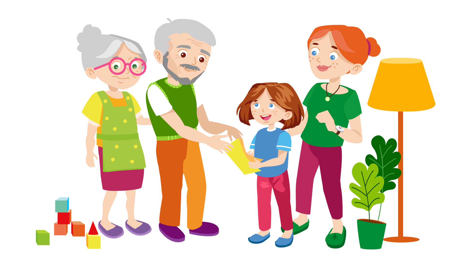 Ilustracja przedstawia pomieszczenie, w którym po lewej stronie leżą na podłodze rozrzucone kolorowe klocki, a po prawej stoją wysoka lampa podłogowa i roślina w zielonej donicy. W centralnej części ilustracji stoją babcia i dziadek Mai i Franka. Babcia ma siwe włosy upięte w kok, różowe okulary, jest ubrana w pomarańczową bluzkę z krótkimi żółtymi rękawami zakończonymi ozdobną białą falbanką, różową spódnicę do kolan, zielony fartuszek w żółte kropki i fioletowe buty. Dziadek ma krótkie siwe włosy, wąsy i krótką brodę. Jest ubrany w białą koszulkę z krótkimi rękawami, zielony bezrękawnik, długie pomarańczowe spodnie i fioletowe buty. Oboje patrzą zadowoleni na stojącą obok nich Maję. Maja patrzy na dziadka i z uśmiechem wręcza mu żółtą kartkę. Za dziewczynką stoi jej mama. Ma rude włosy upięte w kok, na szyi okrągły wisiorek, a na nadgarstku zegarek. Jest ubrana w zieloną bluzkę z krótkimi rękawami, różowe spodnie i zielone buty. Uśmiecha się i patrzy na Maję.