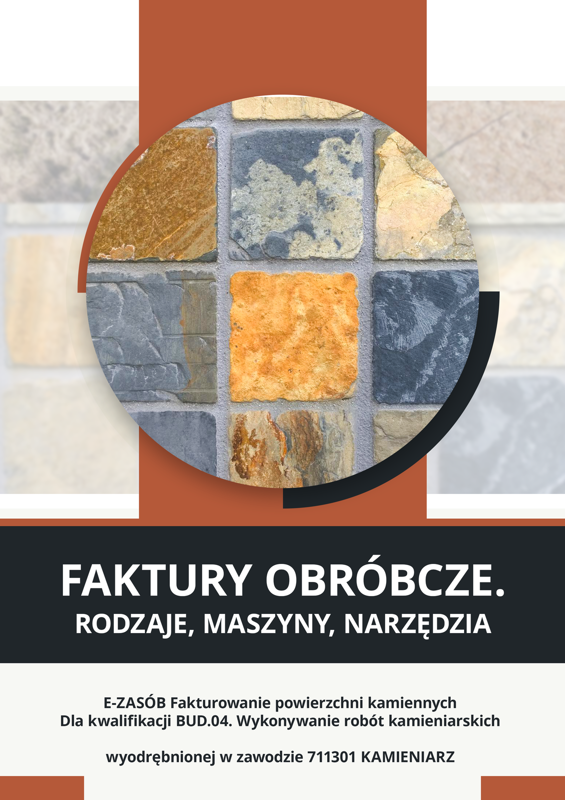 Ilustracja przedstawia okładkę e‑booka o nazwie: „Faktury obróbcze. Rodzaje, maszyny, narzędzie". W centralnym miejscu okładki znajduje się grafika złożona z kilku płyt kamiennych o różnym kolorze i fakturze.