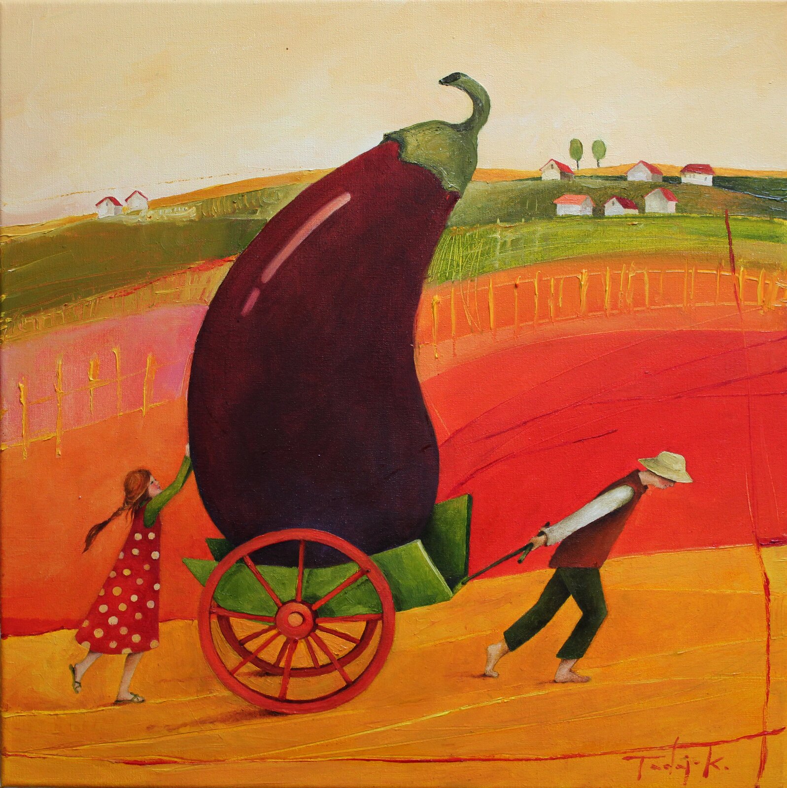Ilustracja przedstawia pracę Weroniki Tadaj‑Królikiewicz z książki „Bakłażan”. Ukazuje kobiety oraz mężczyzn, przewożących wielkiego bakłażana w zielonej taczce z czerwonymi kołami. Mężczyzna ciągnie taczkę, a kobieta pomaga mu, z tyłu podtrzymując bakłażana. Kobieta ubrana jest w czerwoną sukienkę w białe kropki. Mężczyzna jest na boso i ma ciemne spodnie, białą koszulę z czerwoną kamizelką oraz słomiany kapelusz. W oddali widać pola i zabudowania.