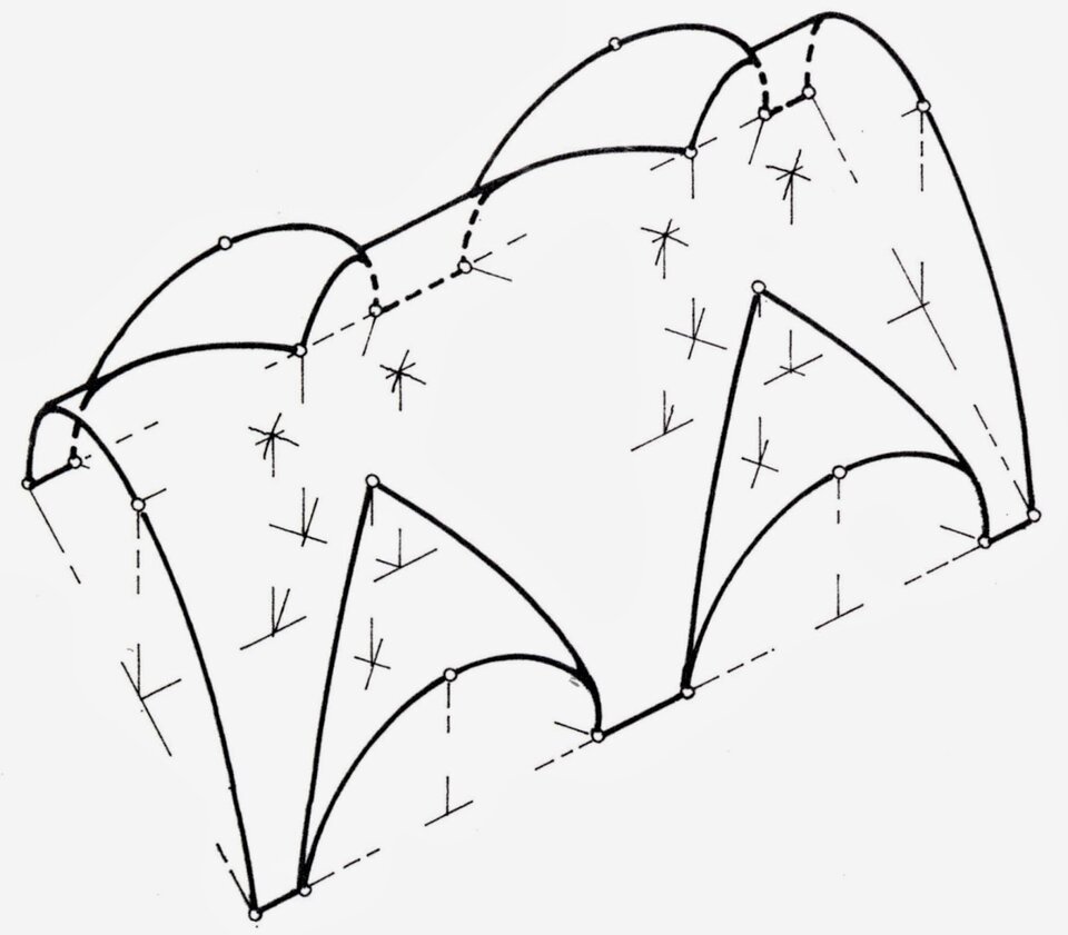 Ilustracja o kształcie poziomego prostokąta przedstawia schemat obrazujący sklepienie kolebkowe z lunetami. Na rysunku znajduje się szkic sklepienia kolebkowego z odchodzącymi od niego poprzecznymi kolebkami. Linią ciągłą zaznaczono krawędzie zewnętrzne oraz miejsca przecięcia kolebek. Powstałe na zewnątrz głównej kolebki półokrągłe okna to lunety. Na rysunku widoczne są cienkie linie pomocnicze, powstałe podczas wykreślania schematu. 