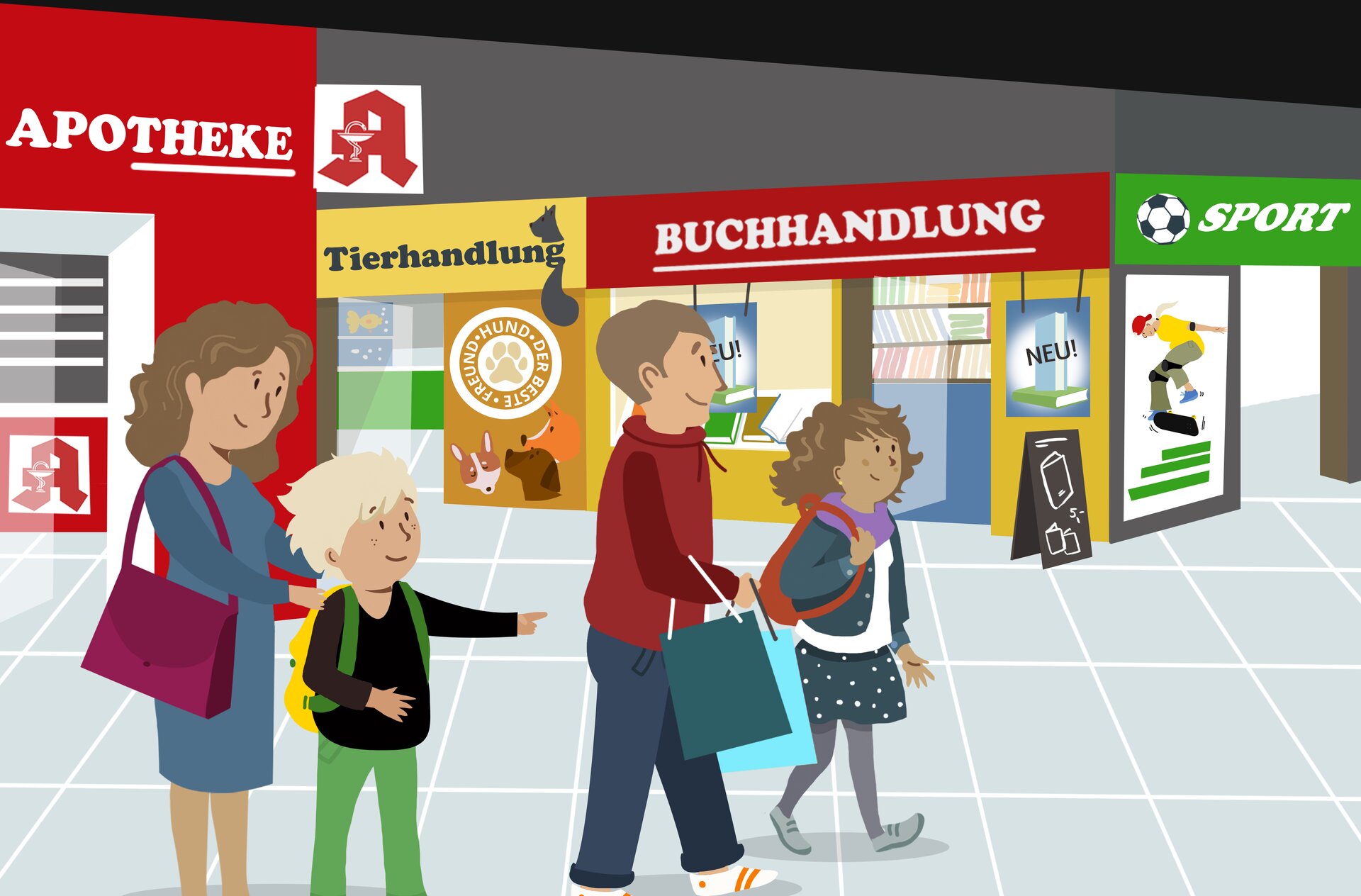 Ilustracja przedstawia rodzinę na zakupach w centrum handlowym. Spacerują między sklepami, niosą zakupy.