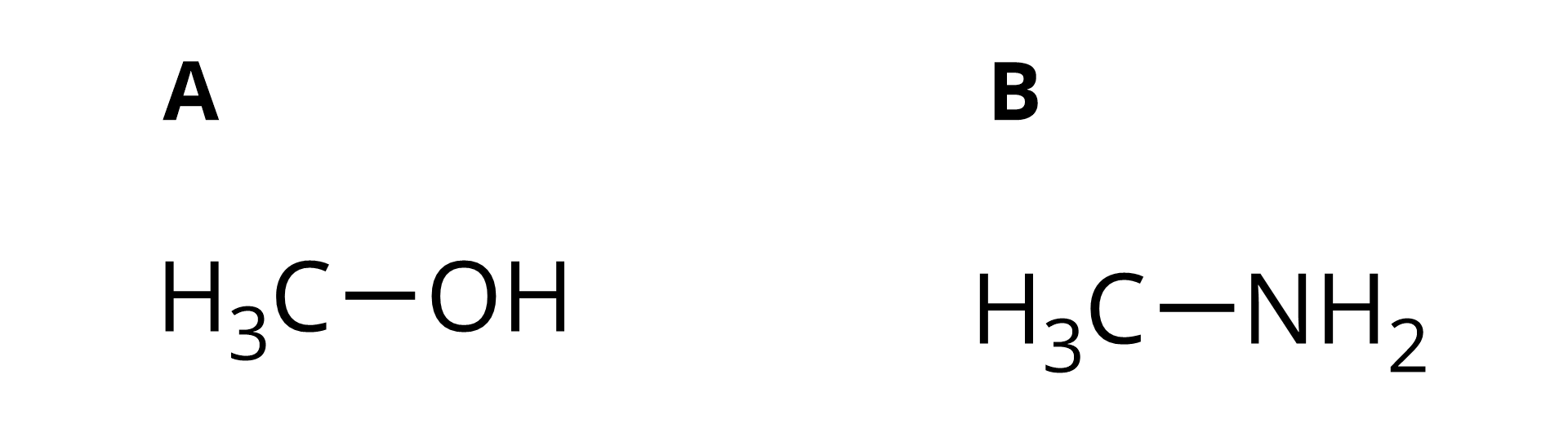 Na ilustracji znajdują się wzory dwóch związków. Związek A to metanol, do grupy metylowej przyłączona grupa hydroksylowa. Związek B to metanoamina, do grupy metylowej przyłączona grupa aminowa.