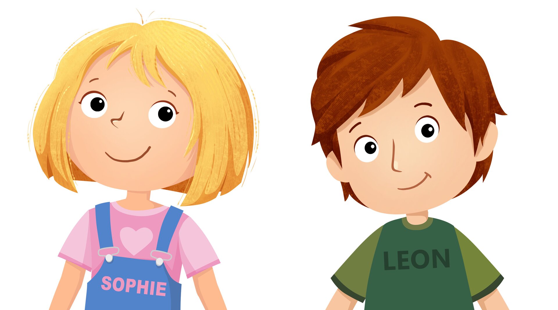 Ilustracja przedstawia dziewczynkę o imieniu   Sophie i chłopca o imieniu   Leon.