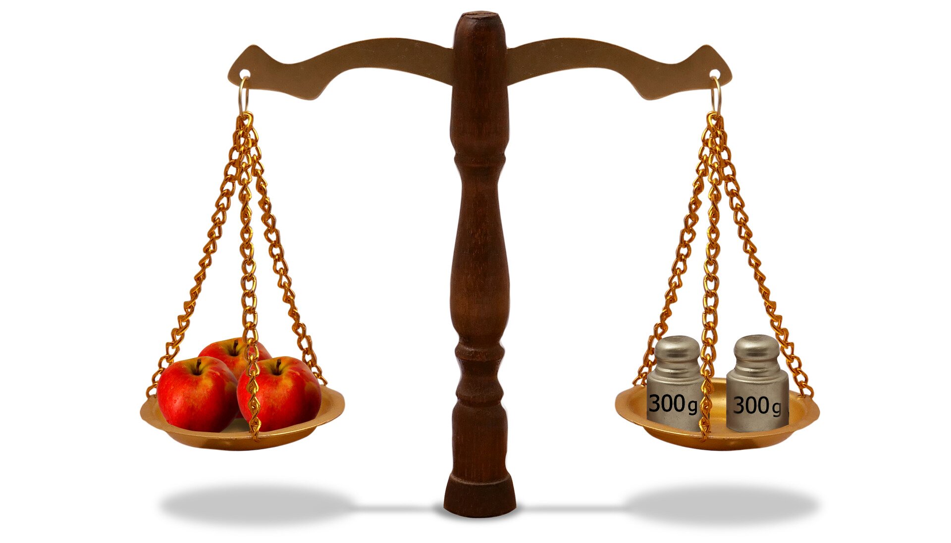 Rysunek wagi szalkowej. Na jednej szalce 3 jabłka, na drugiej 2 odważniki 300 g i 300 g.