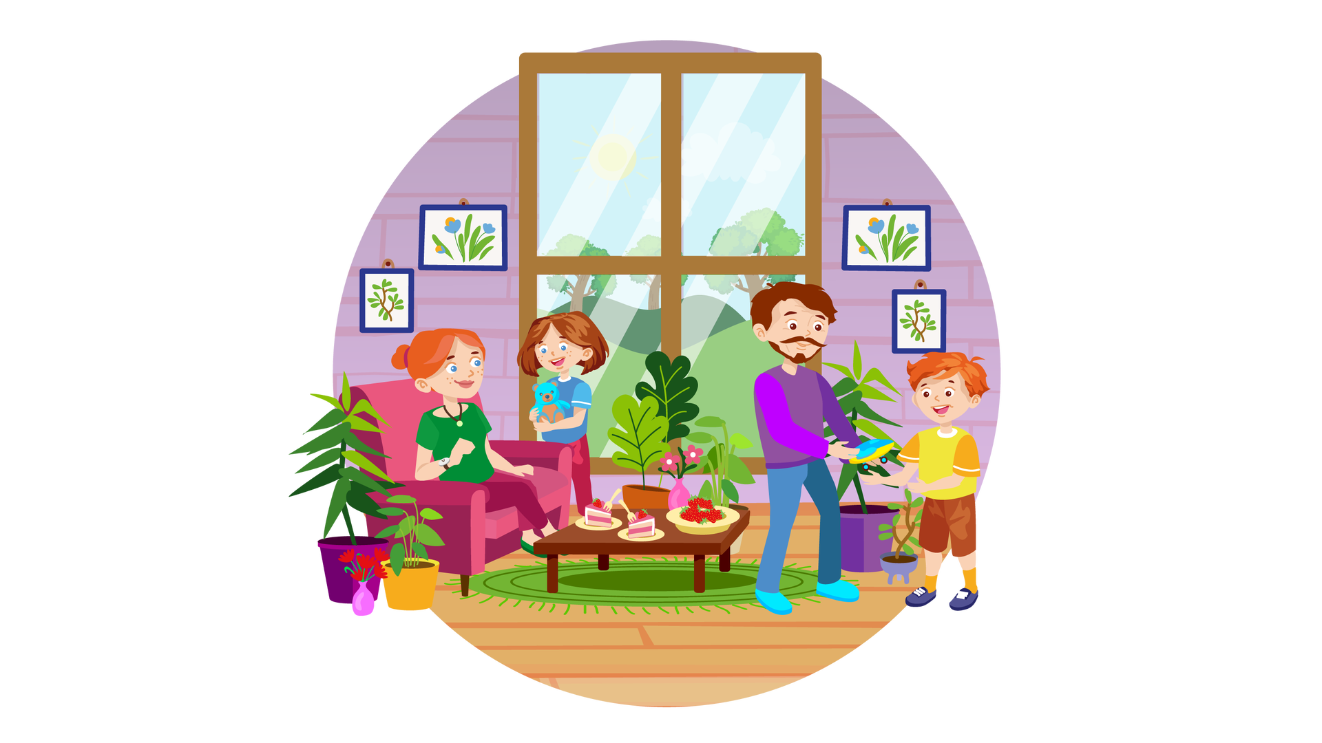 Ilustracja przedstawia salon w domu Franka i Mai. W tle znajduje się fioletowa ściana z oknem, za którym widać zielone pagórki, trzy drzewa liściaste, błękitne niebo i słońce. Na lewo od okna wiszą dwa obrazki w granatowych ramkach. Jeden z nich przedstawia niebieskie kwiatki z zielonymi liśćmi, a drugi brązową gałązkę z drobnymi zielonymi listkami. Na prawo od okna wiszą dwa takie same obrazki, jak po lewej stronie. Pokój jest ozdobiony licznymi zielonymi roślinami w kolorowych donicach, które ustawiono w różnych miejscach na podłodze. Po lewej stronie stoi również mały jasnofioletowy wazonik z czerwonymi kwiatami. W centralnej części pokoju leży okrągły zielony dywan z frędzlami, a na nim stoi niski brązowy stolik. Na stoliku jest mały różowy wazonik z dwoma różowymi kwiatkami, a obok niego znajdują się dwa kawałki różowego ciasta na bladożółtych talerzykach, z wbitymi w nie widelczykami, oraz bladożółta miska wypełniona truskawkami. Po lewej stronie ilustracji stoi różowa kanapa, na której siedzi mama Franka i Mai. Jest ubrana w zieloną bluzkę z krótkimi rękawami, długie ciemnoróżowe spodnie i zielone buty. Na prawym nadgarstku ma zegarek, a na szyi wisiorek. Ma pogodny wyraz twarzy, patrzy na stojącą obok Maję. Maja jest ubrana w niebieską koszulkę z krótkimi błękitnymi rękawami, długie ciemnoróżowe spodnie i ciemnoniebieskie buty. Spogląda w kierunku niebieskiego pluszowego misia, którego trzyma w rękach, i szeroko się uśmiecha. Po prawej stronie ilustracji stoi tata Franka i Mai. Jest ubrany w fioletowy sweterek z długimi rękawami, długie ciemnoniebieskie spodnie i jasnoniebieskie buty. Ma pogodny wyraz twarzy. W rękach trzyma niebiesko‑żółty samolot, który wręcza stojącemu obok Frankowi. Franek jest ubrany w żółtą koszulkę z krótkimi pomarańczowymi rękawami, krótkie brązowe spodnie, pomarańczowe skarpety i granatowe buty z białymi sznurówkami. Chłopiec szeroko się uśmiecha i wyciąga ręce po prezent.