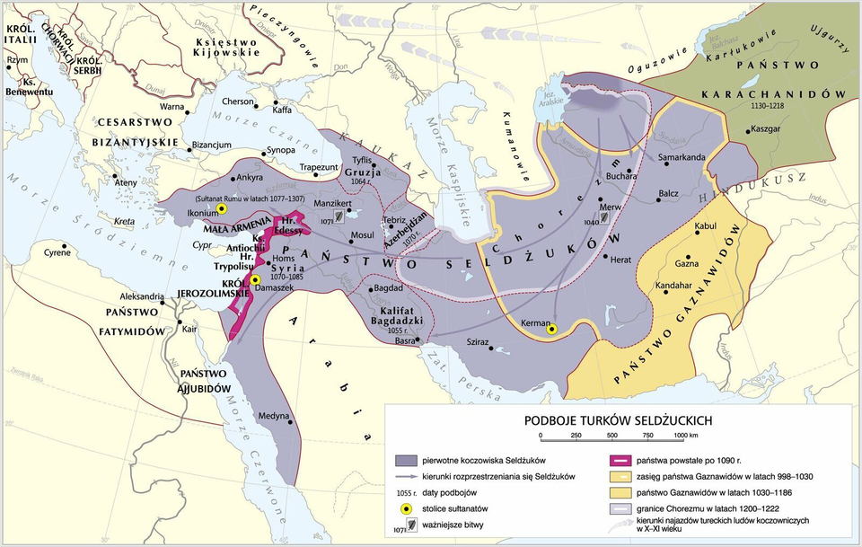Mapa przedstawia podboje Turków Seldżuckich. Pierwotne koczowiska Seldżuków znajdowały się na wschód od Jeziora Aralskiego.  W 1040 roku doszło do bitwy pod Merwą, Turcy zdobyli wtedy obszary Azji centralnej i Persji. W 1055 roku podbili i utworzyli Sułtanat Bagdadzki. W 1064 Gruzję. W 1070 roku Azerbejdżan. Od 1070 do 1085 roku Turcy podbijali teren Syrii, Lewantu i zachodniego wybrzeża Półwyspu Arabskiego. W 1071 doszło do bitwy pod Manezikert po której Turcy wdarli się na półwysep Azji Mniejszej. Stolicami Seldżuckich sułtanatów były Damaszek, Ikonium oraz Kerman.  Od 1077 do 1307 roku podbijali oni tereny Azji Mniejszej. W dziesiątym i jedenastym wieku tureckie ludy koczownicze najeżdżały tereny na północ od Morzea Kaspijskiego.  Chorezm od 1200 do 1222 roku kontrolował obszar północnej części Azji centralnej i północnej Presji. Państwo Gaznawidów od 998 do 1030 roku kontrolowała obszar Azji centralnej i zachodniej Persji.  Od 1030 do 1186 roku państwo Gaznawidów kontrolowało tylko obszar południowej Azji centralnej. Po 1090 roku na wschodnim wybrzeżu morza Śródziemnego powstały następujące państwa: Królestwo Jerozolimskie, Hrabstwo Trypolisu, Księstwo Antiochii oraz Hrabstwo Edessy.