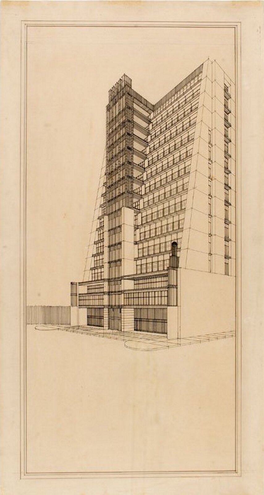 Ilustracja przedstawia obraz Antoniego Sant'Elia, „La Cita Nuova”. Na obrazie przedstawiony jest projekt architektoniczny budynku. budynek jest wysoki z licznymi oknami. Obraz jest w odcieniach szarości.