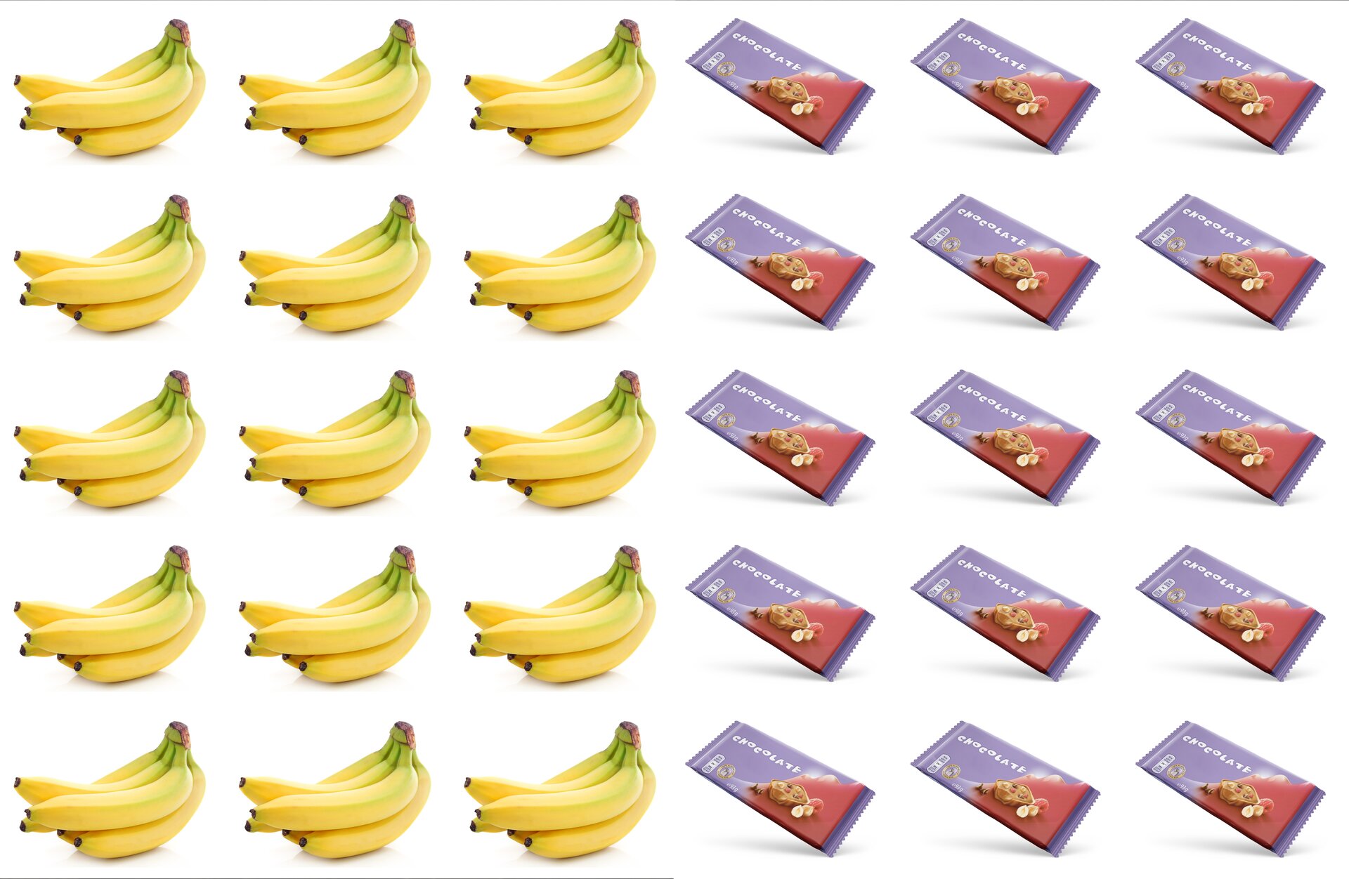 Grafika przedstawia powielone obrazki na białym tle. Po lewej stronie widoczne są trzy kolumny z kiśćmi bananów, po pięć w każdej kolumnie, ułożonych w równych odstępach. Po prawej stronie ilustracji widoczne są trzy kolumny tabliczek czekolady z orzechami, po pięć w każdej kolumnie, ułożonych w równych odstępach.