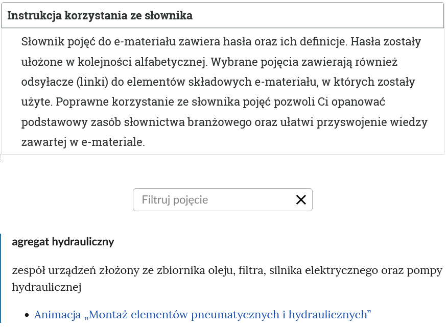 Grafika przedstawia widok na górną część słownika. U góry znajduje się rozwinięty panel z treścią instrukcji. Niżej widoczne jest pole do filtrowania haseł. Na dole znajduje się hasło wraz z definicją.
