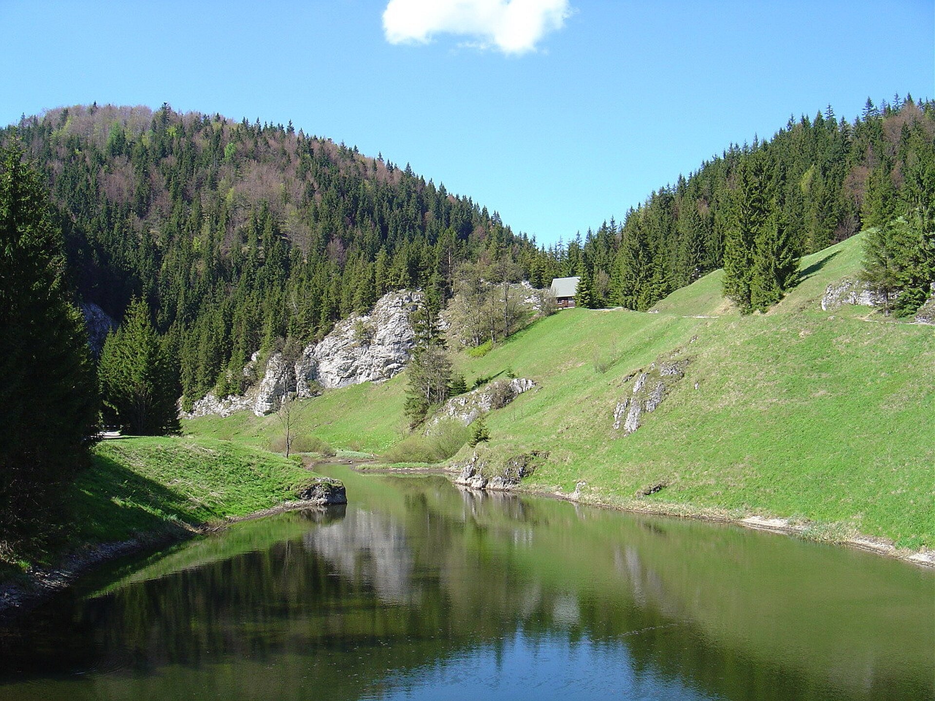 Ilustracja przedstawia fotografię „Stratenská píla w Słowackim Raju”, autorstwa Kristiany Slimak. Na zdjęciu widoczny jest łagodny, górski krajobraz z rzeczką. W oddali, pośród porośniętych choinkami zboczy i skał widnieje mały domek ze spadzistym dachem.