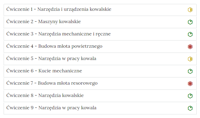 Zdjęcie przedstawia przykładowy wygląd zakładek zawierających interaktywne materiały sprawdzające. Składają się one z prostokątnych paneli umieszczonych jeden pod drugim. Każdy panel posiada numer oraz tytuł, który nawiązuje do zawartego w nim zadania.