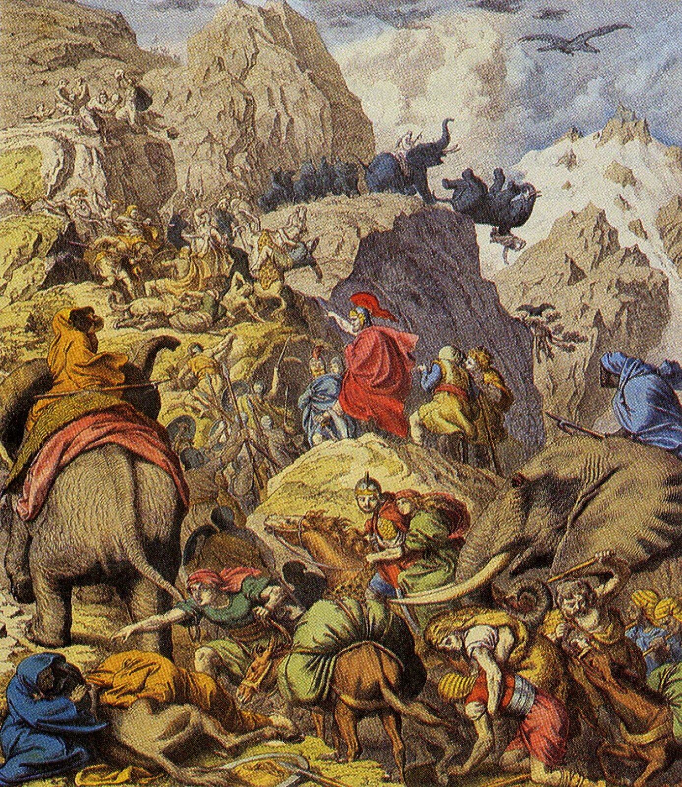 Ilustracja Heinricha Leutemanna pod tytułem „Hannibal przekraczający Alpy” przedstawia scenę tytułowego przejścia kartagińskich wojsk przez góry. W centrum ilustracji znajduje się mężczyzna w średnim wieku, ubrany w czerwoną pelerynę i srebrny hełm z czerwonym pióropuszem. Wskazuje on zmierzającym żołnierzom trasę prowadzącą przez półki skalne. Część osób idąca z Hannibalem jest zgięta wpół, jak gdyby brak im było siły do dalszej podróży. Wśród ludzi obecne są także zwierzęta – konie, bydło i słonie bojowe. Niektóre z postaci siedzą na zwierzętach – koniu i słoniu, inne na skałach, okrywając się odzieniem. Poza nimi, podróżni idą o własnych siłach lub są podtrzymywani przez kompanów. Na drugim planie można zauważyć spadającego z półki skalnej słonia i żołnierza. Tło stanowią wysokie skały oraz niebo, na którym widoczne są duże, ciemne ptaki.