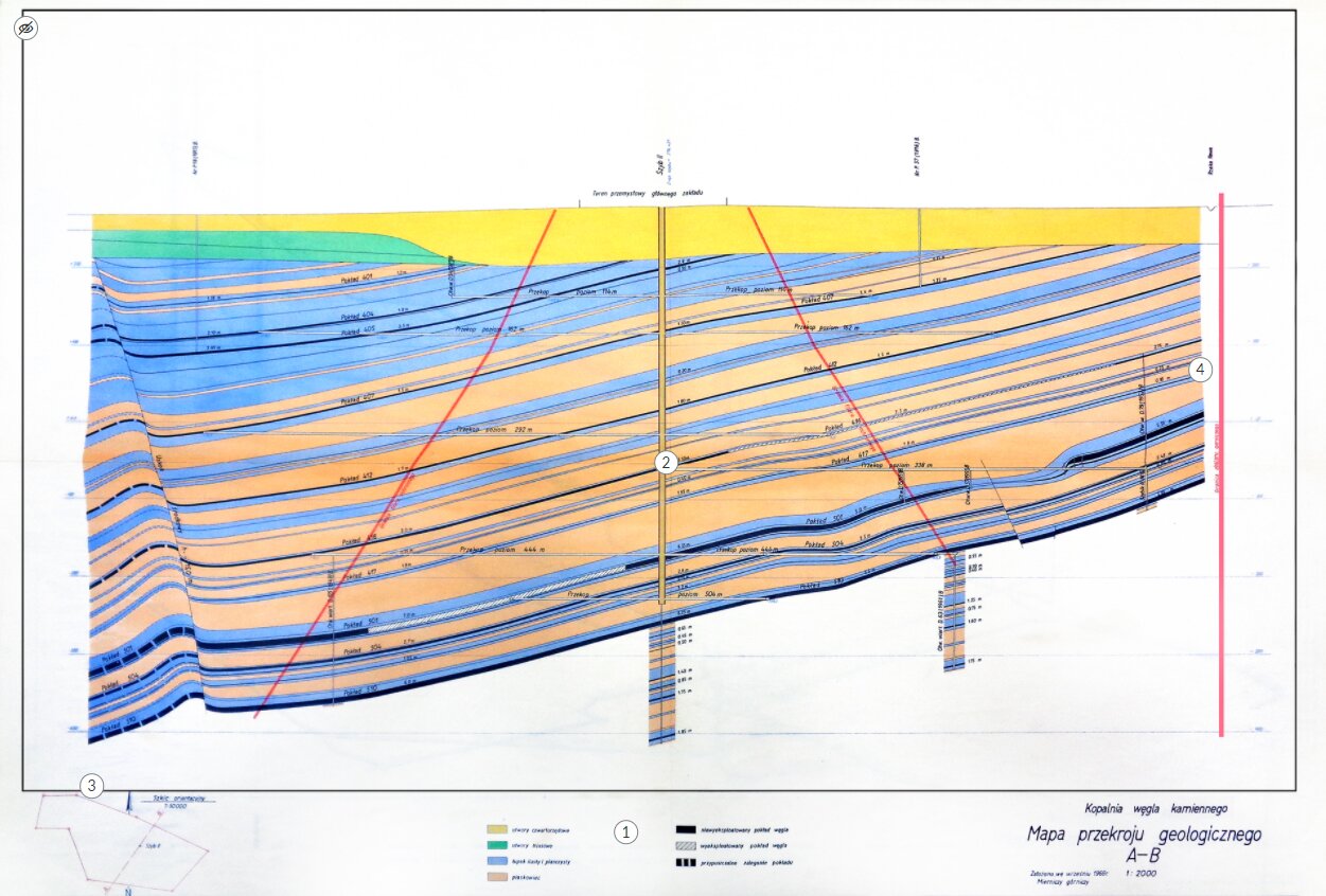 Zdjęcie przestawia przykładową infografikę: mapę przekroju geologicznego. Legenda informuje o znaczeniu symboli oraz kolorów użytych na mapie. Rodzaje skał oraz ich pochodzenie oznacza się w sposób jednolity, za pomocą określonych barw. Na infografice umieszczone są przyciski interaktywne, które po kliknięciu ukazują informację o danym elemencie grafiki.