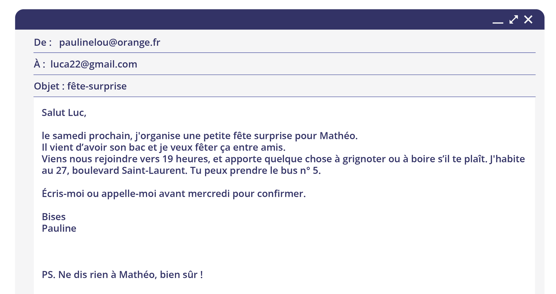 Ilustracja przedstawia fragment wiadomości elektronicznej w języku francuskim: 