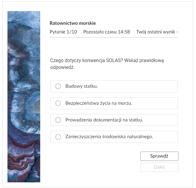 Grafika przedstawia przykładowe zadanie testowe. Ponad poleceniem widać numer pytania, czas, który pozostał na wypełnianie testu, oraz ostatni uzyskany wynik. Pod poleceniem znajdują się możliwe odpowiedzi. W prawym dolnym rogu panelu z zadaniem znajdują się dwa przyciski. Są to Sprawdź oraz Dalej.