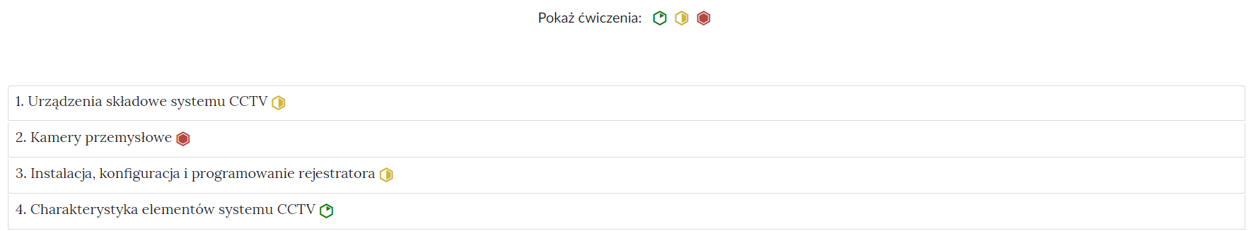 Ilustracja przedstawia przykładowy wygląd zakładek zawierających interaktywne materiały sprawdzające. Na zdjęciu jest to rząd umieszczonych pod sobą ćwiczeń wraz z ich tytułami. Każde ćwiczenie, po prawej stronie od tytułu, posiada znaczek określający poziom trudności. Pierwsze ćwiczenie ma znacznik zielony, oznacza to poziom łatwy. Drugie żółty, oznaczający ćwiczenie o średnim stopniu trudności. Przy trzecim ćwiczeniu znajduje się czerwony symbol, sygnalizujący, że jest to ćwiczenie trudne.