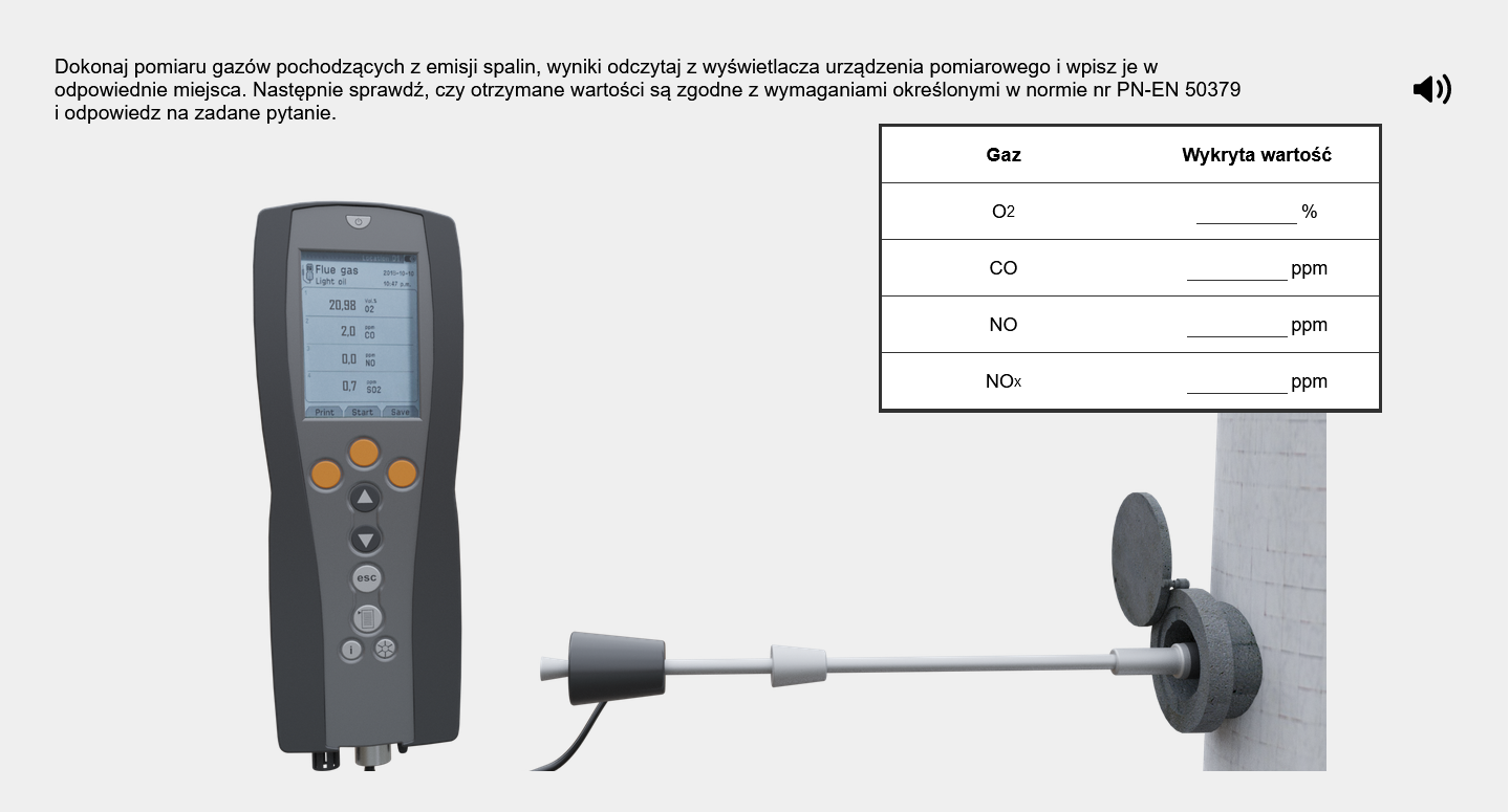 Grafika przedstawia przykładowe ćwiczenie symulatora. Na górze znajduje się polecenie, poniżej ilustracja przedstawiająca przyrząd pomiarowy. Po prawej stronie ekranu widoczna jest tabela do uzupełnienia wyników.