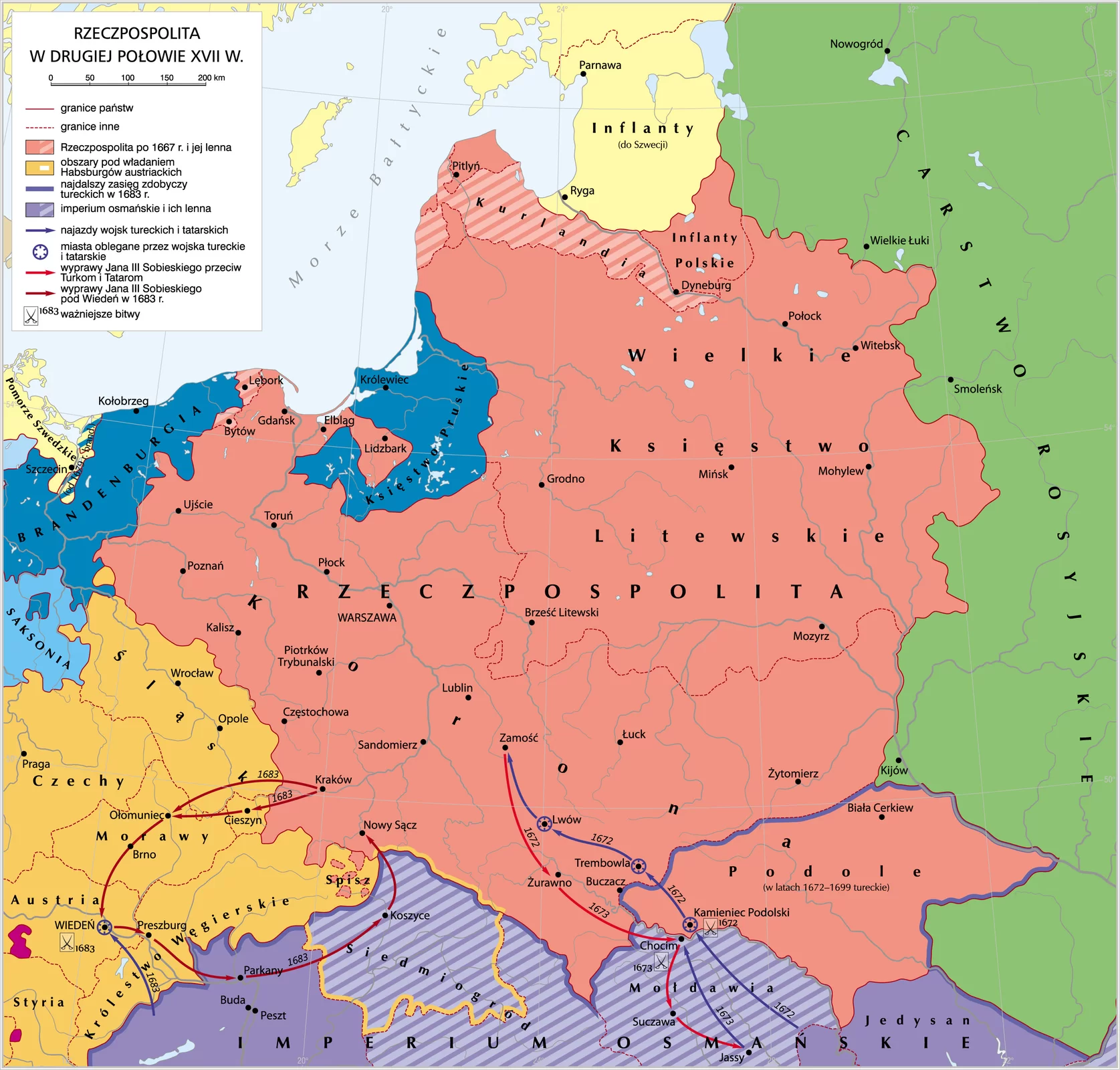 Kliknij, aby powiększyć Ilustracja przedstawia mapę Rzeczpospolitej w drugiej połowie XVII W. Na mapie Rzeczpospolita po 1667 r. i jej lenna (Kurlandia, Lębork i okolice, Bytów i okolice). Do kraju należą miasta i tereny: Lidzbark, Elbląg, Gdańsk, Ujście, Toruń, Poznań, Kalisz, Płock, Warszawa, Piotrków Trybunalski, Częstochowa, Kraków, Sandomierz, Nowy Sącz, Lublin, Zamość, Lwów, Żurawno, Łuck, Żytomierz, Mozyrz, Brześć Kujawski, Grodno, Mińsk, Mohylew, Połock, Witebsk, Pitlyń. Oprócz tego są zaznaczone kraje: Szwecja (Inflanty, Pomorze Szwedzkie), Księstwo Pruskie (Królewiec), Cesarstwo Rosyjskie (z miastami Nowogród, Smoleńsk, Kijów), Imperium Osmańskie (Siedmiogród, Mołdawia, Jedysan, miasta Buda i Peszt). Siedmiogród i Mołdawia to tereny lenne. Obszary pod władaniem Habsburgów austriackich: Śląsk (Wrocław, Opole), Czech, Morawy, Królestwo Węgierskie, Austria, Styria. Najazdy wojsk tureckich i tatarskich: z Imperium Osmańskiego na Chocim (1673 - ważna bitwa) oraz Kamieniec Podolski (1672 - ważna bitwa). Z Kamieńca Podolskiego do Trembowli (1672), następnie Lwów i Zamość. Miasta oblegane: Kamieniec Podolski, Trembowla, Lwów. Zdobyty teren to Podole (w latach 1672‑1699). Wyprawa Jana III Sobieskiego przeciw Turkom i Tatarom: z Zamościa (1672) do Żurawna, następnie do Chocimia (1673), z Chocimia do Suczawy i później do Jassy. Wyprawa Jana III Sobieskiego pod Wiedeń w 1683 r. Z Krakowa (1683) dwie grupy do CIeszyna oraz Ołomuńca, ponowne połączenie w Ołomuńcu, następnie Brno i Wiedeń (bitwa 1683). Z Wiednia do Preszburga, następnie do Parkan, Koszyc i Nowego Sącza.