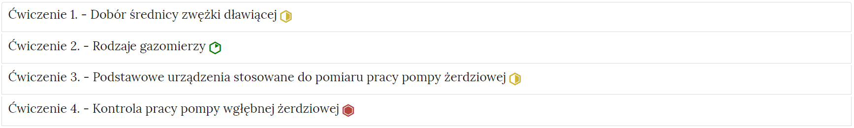 Zdjęcie przedstawia przykładowy wygląd zakładek zawierających interaktywne materiały sprawdzające. Składają się one z prostokątnych paneli umieszczonych jeden pod drugim. Każdy panel posiada numer oraz tytuł, który nawiązuje do zawartego w nim zadania.